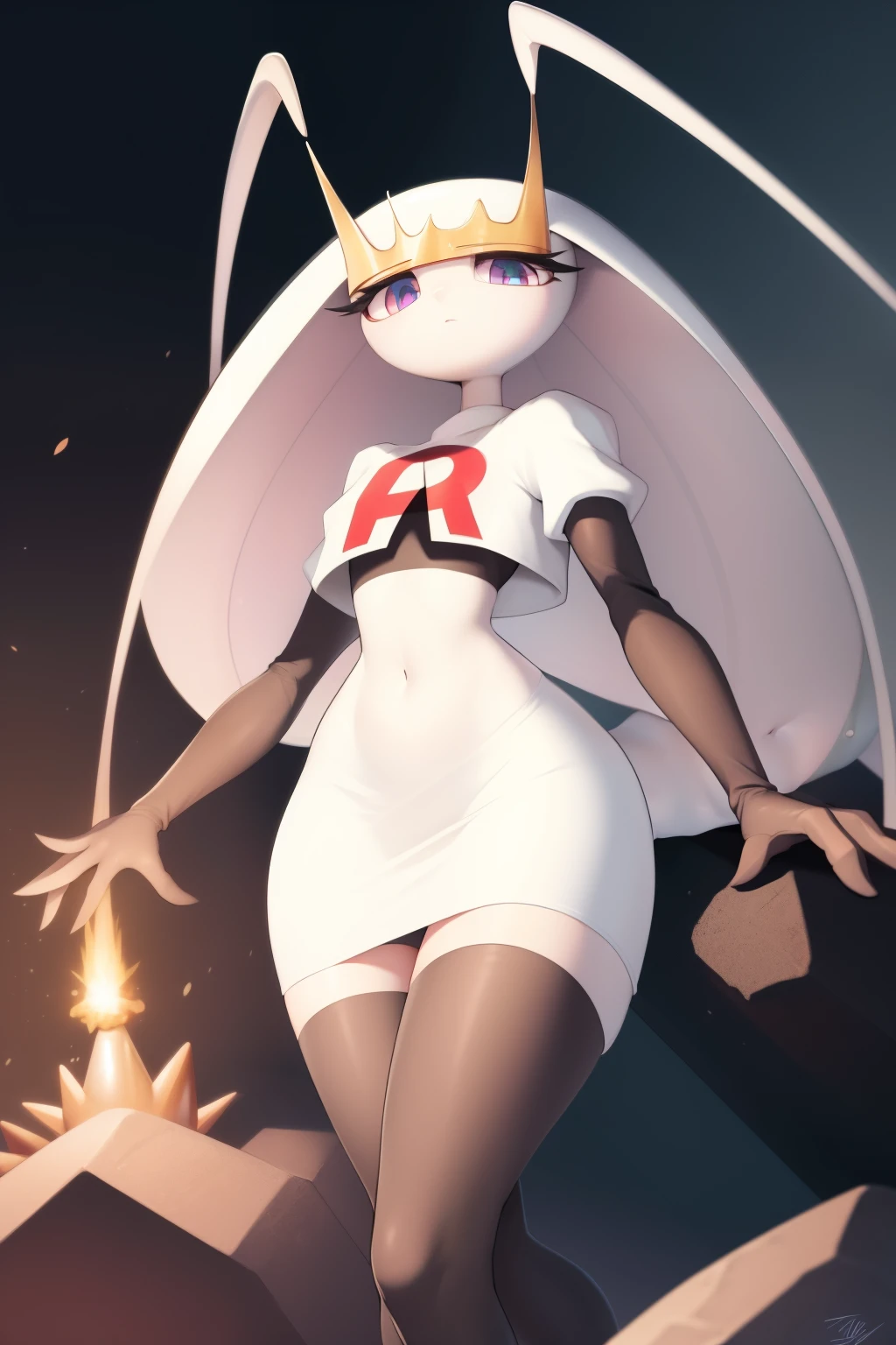 pheromosa, furry female, anthro, segmented body, long hair, solo, (best quality),dramatic lighting,  looking at viewer, 2 fingersteam rocket,team rocket uniform,white skirt,crop top,black thigh-highs,black elbow gloves