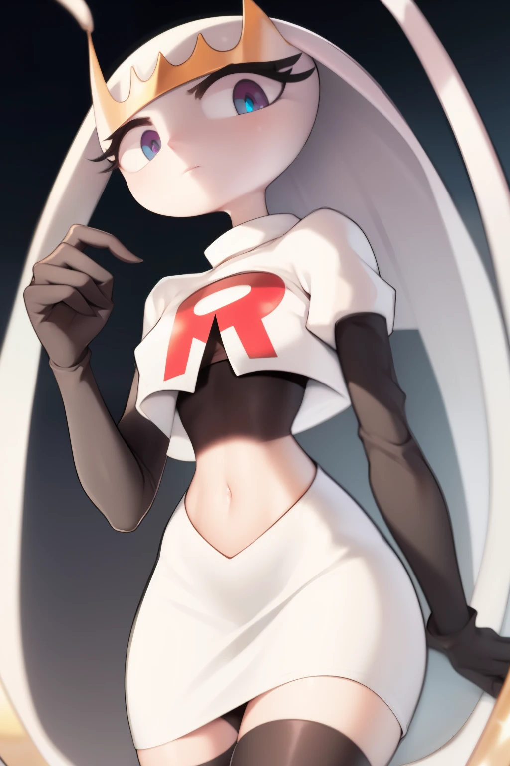 pheromosa, furry female, anthro, segmented body, long hair, solo, (best quality),dramatic lighting, looking at viewer, 2 fingersteam rocket,team rocket uniform,white skirt,crop top,black thigh-highs,black elbow gloves