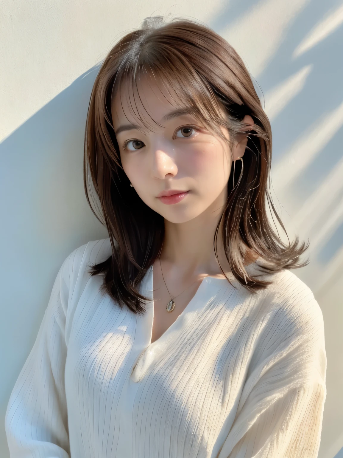 (Highly realistic photos, High resolution, detailed face, fine eyes), ((Taken in front of a white wall))、japanese woman, 40 years old, Variety of facial expressions, alone:1, slim figure, different hairstyles, casual clothes, Alone in a photo、long sleeve dress、Shot in natural light、simple necklace、Spring clothes、Don't look at the camera、profile、Dark brown hair color