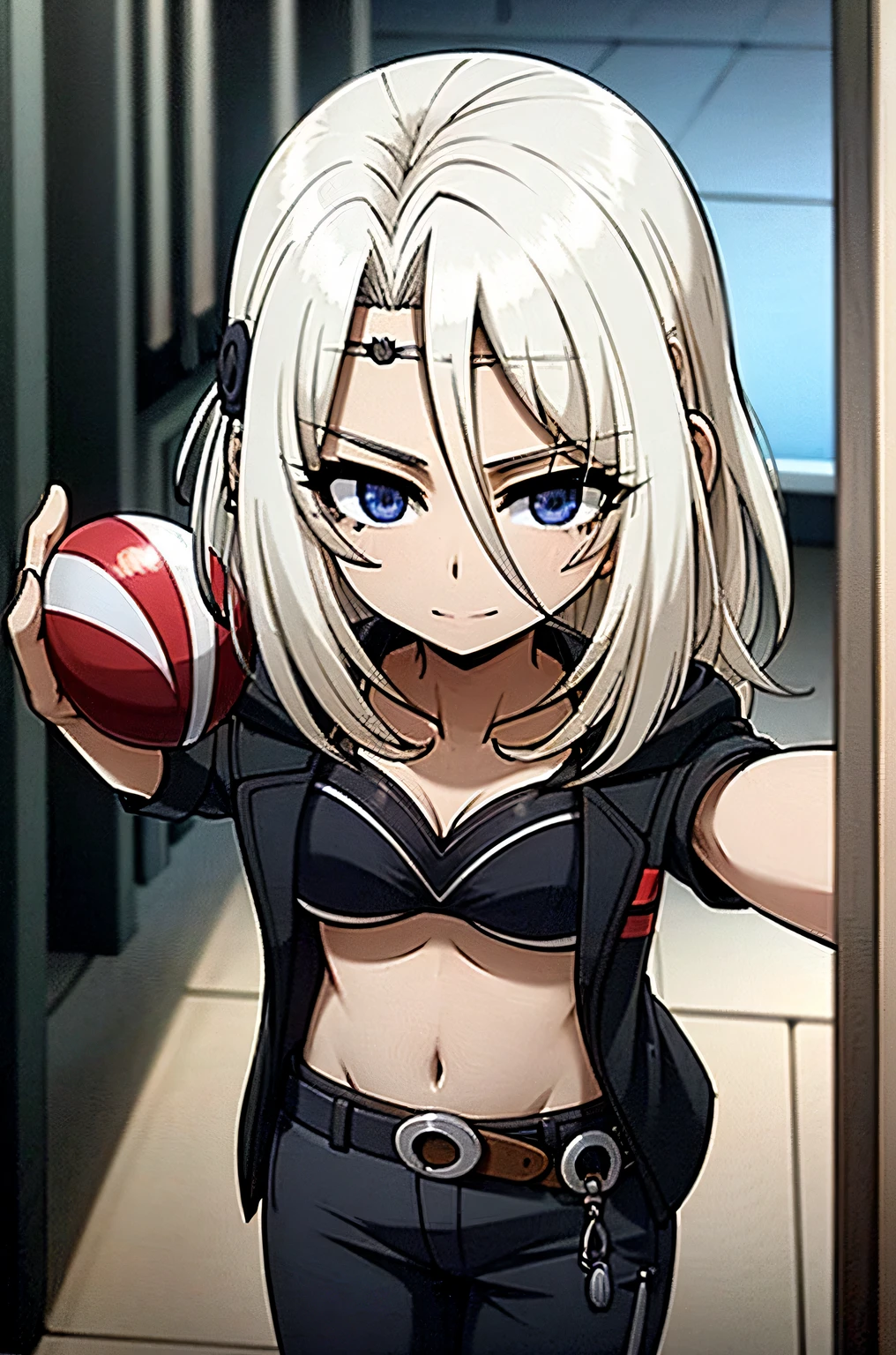 white hair,blue eyes,masterpiece, best quality, photorealistic, yujiasuit, yoga sports bra, yoga pants, 1girl, solo, , yoga ball, pants, looking at viewer, smile, green sports bra, simple background, , midriff, long hair, breasts, green pants, sportswear, tank top, upper body,