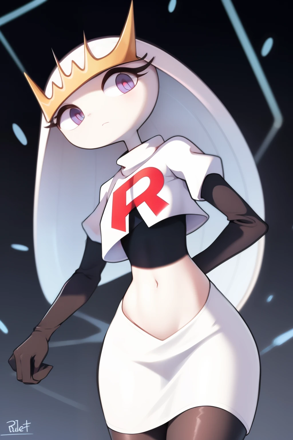 pheromosa, furry female, anthro, segmented body, long hair, solo, (best quality),dramatic lighting,  looking at viewer, 2 fingersteam rocket,team rocket uniform,white skirt,crop top,black thigh-highs,black elbow gloves