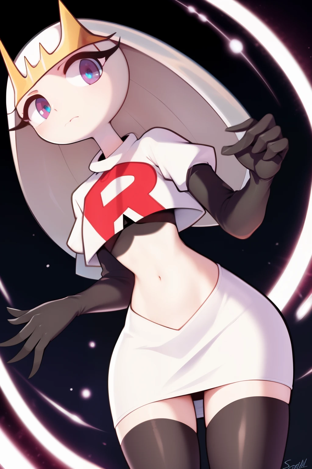 pheromosa, furry female, anthro, segmented body, long hair, solo, (best quality),dramatic lighting,  looking at viewer, 2 fingersteam rocket,team rocket uniform,white skirt,crop top,black thigh-highs,black elbow gloves