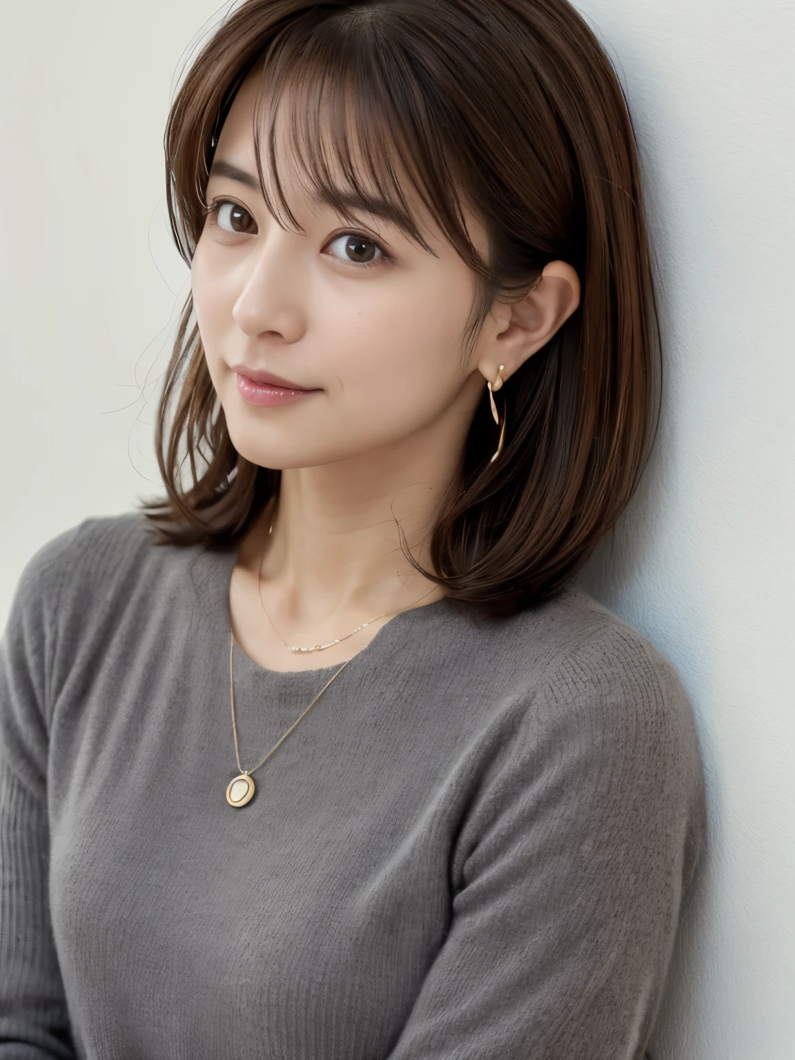 (Highly realistic photos, High resolution, detailed face, fine eyes), ((Taken in front of a white wall))、japanese woman, 40 years old, Variety of facial expressions, alone:1, slim figure, different hairstyles, casual clothes, Alone in a photo、long sleeve dress、Shot in natural light、simple necklace、Spring clothes、Don't look at the camera、profile、Dark brown hair color