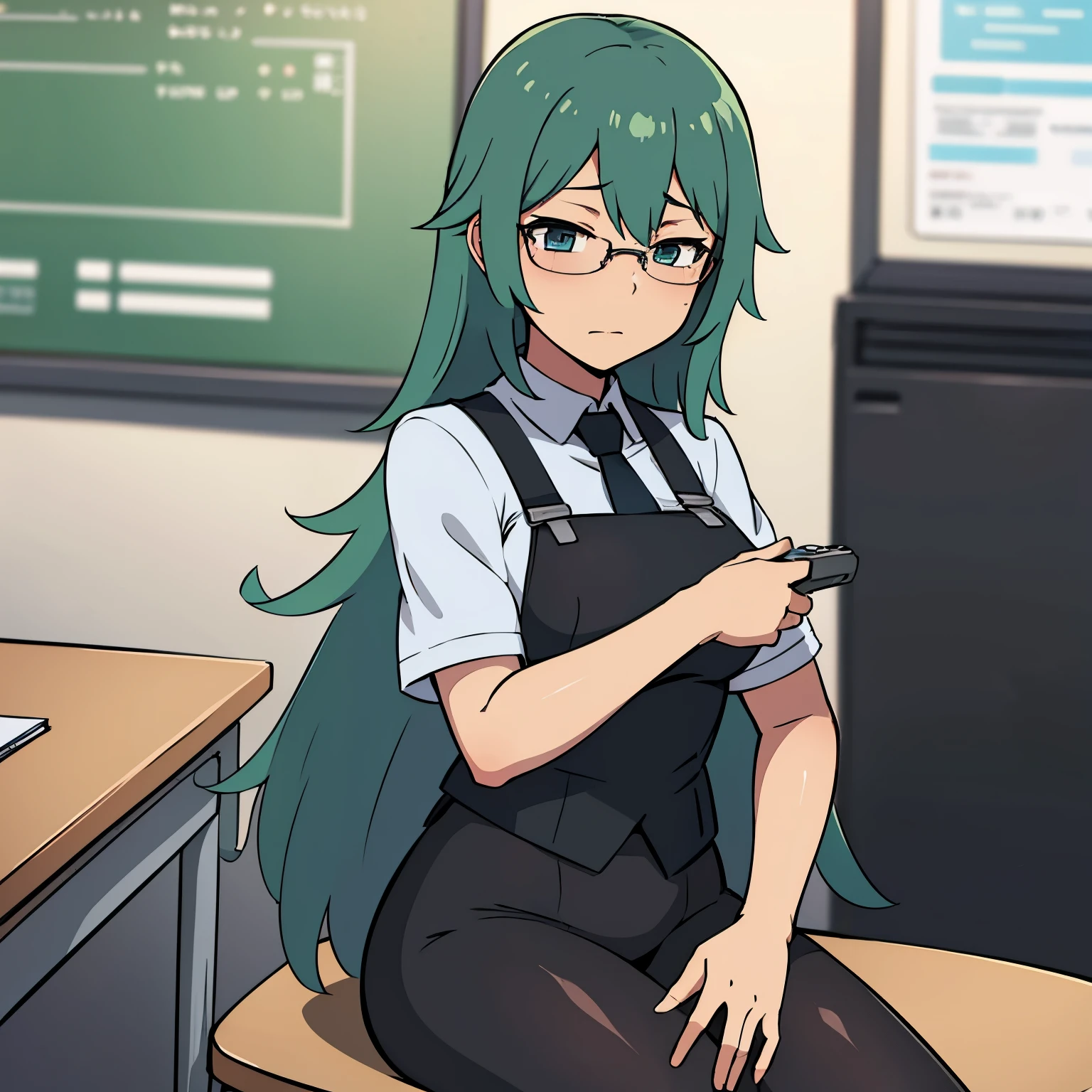 Anime illustration of a girl with long green hair., He wears glasses and wears a uniform and is inside a classroom sitting in a classroom. ella esta muy sonrojada. Ella tiene muslos largos y lleva medias sexys.. 