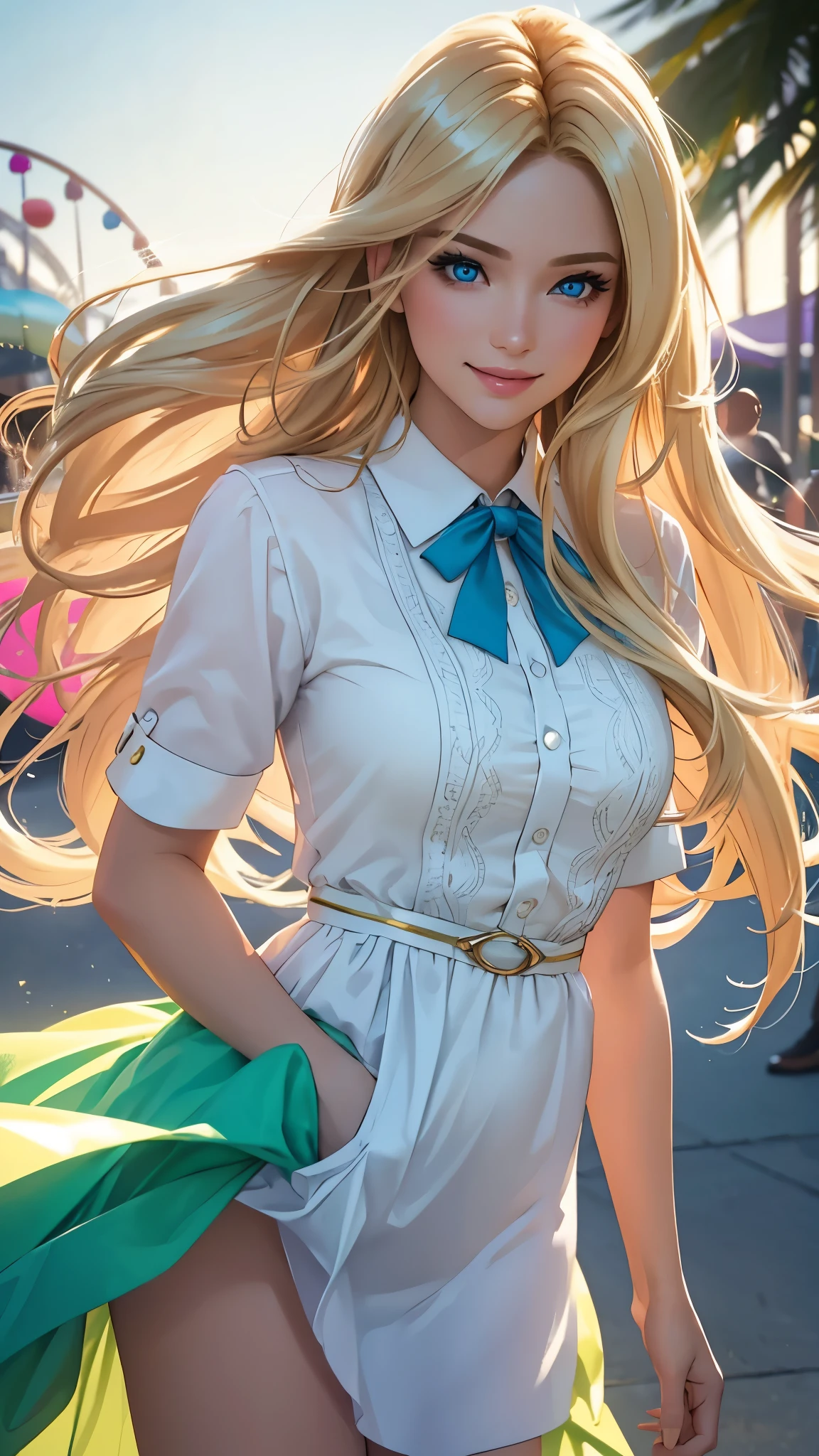 (best quality,ultra-detailed,photo-realistic:1.37),bright and vibrant colors,studio lighting,playful expression,stylish makeup,long blonde hair flowing in the wind,alluring eyes,glossy lips,sexy pose,preppy look, Amusement Park, smiling in a confident and seductive way,posing for a professional photoshoot,shallow depth of field,highlighting the main subject,soft natural lighting,creating a dreamy and magical atmosphere.