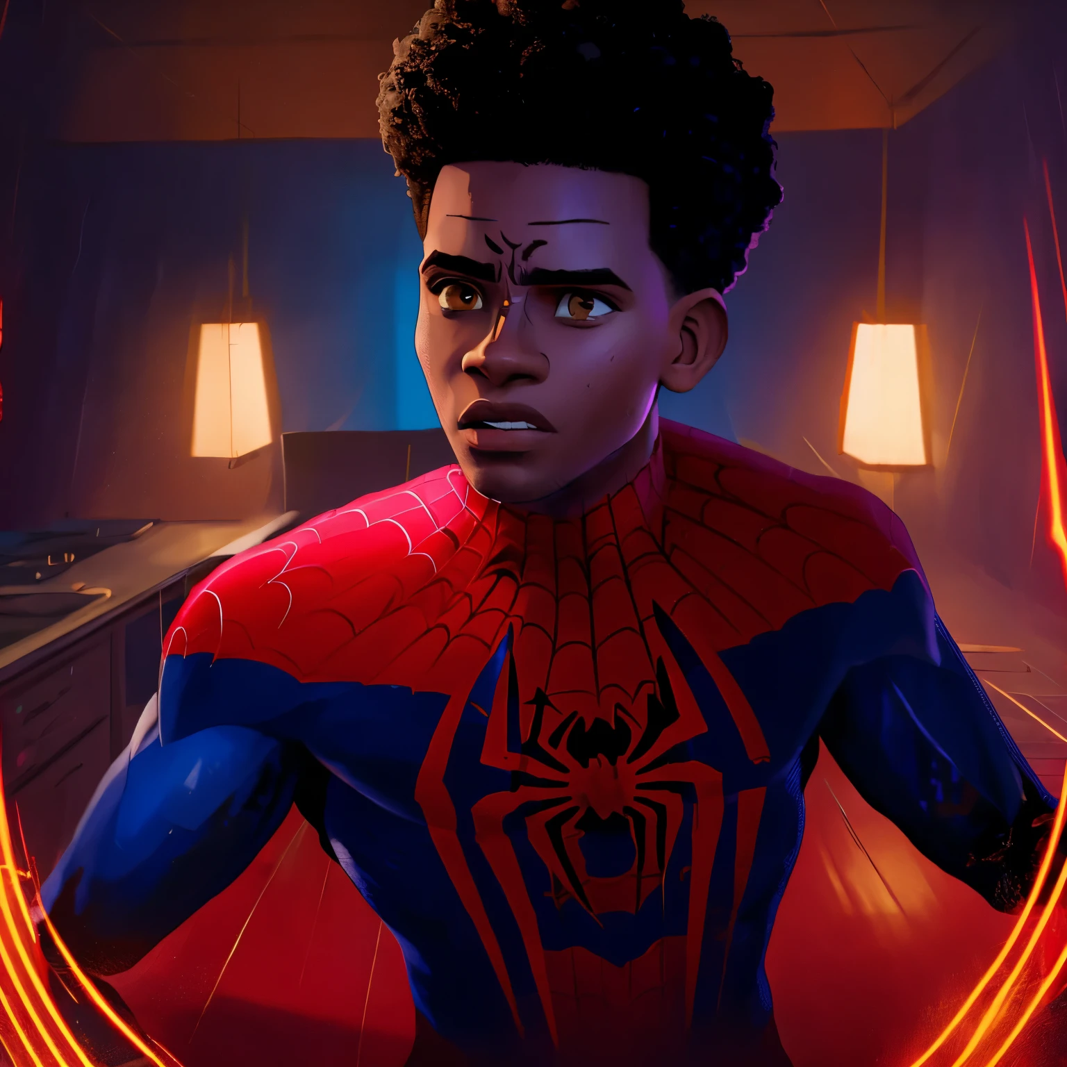 (obra de arte, melhor qualidade:1.2), UHD, masterpiece, anatomically correct, super detail, high details, high quality, best quality, highres, 1080P. Miles Morales is an Afro-Latino teenager who has short black hair, olhos castanhos, e pele de azeitona. (((Ele usa uma fantasia preta de Homem-Aranha))), y and confidence on his face. he is alone, sem nenhum outro personagem do Aranhaverso. The image is in comic book style, com linhas grossas, vibrant colors and distortion effects. (((cara deitaled))), Ultra HD, obra de arte, preciso, super detalhe, detalhes altos, alta qualidade, melhor qualidade, high resolution, 4k, (((cinematic lighting))).