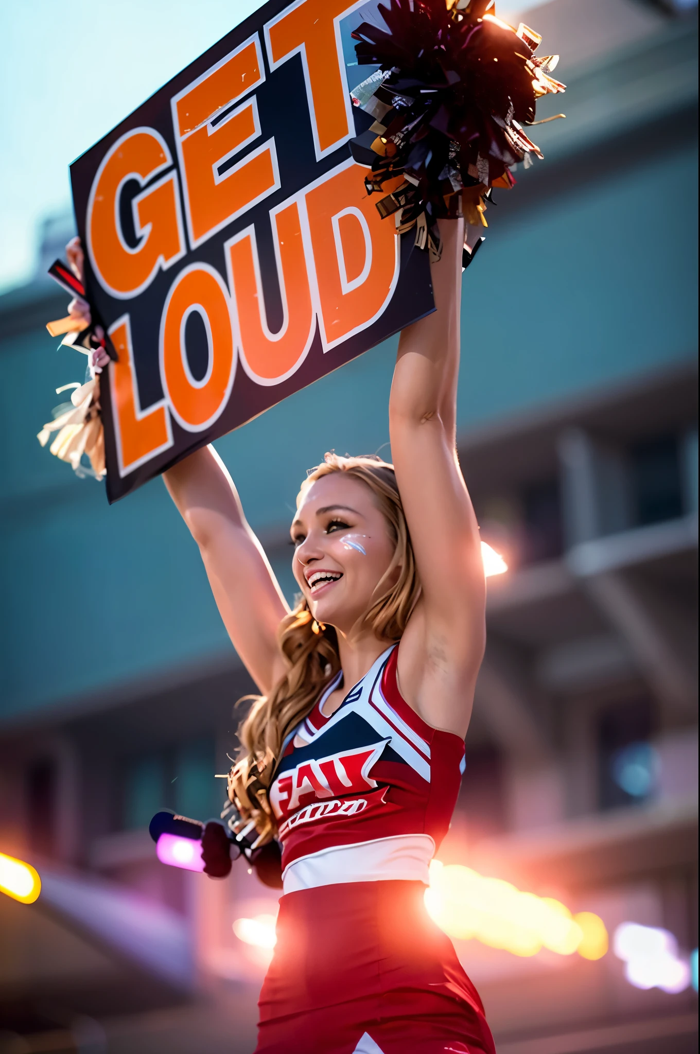 a close up of a cheerleader holding a get loud sign, 🇺🇦, loud, cheering, emily rajtkowski, subject action: holding sign, subject action : holding sign, alexa grace, woman holding sign, zac retz, by Paul Emmert, holding a 🛡 and an 🪓, slightly blurred, brooke ashling, leaked