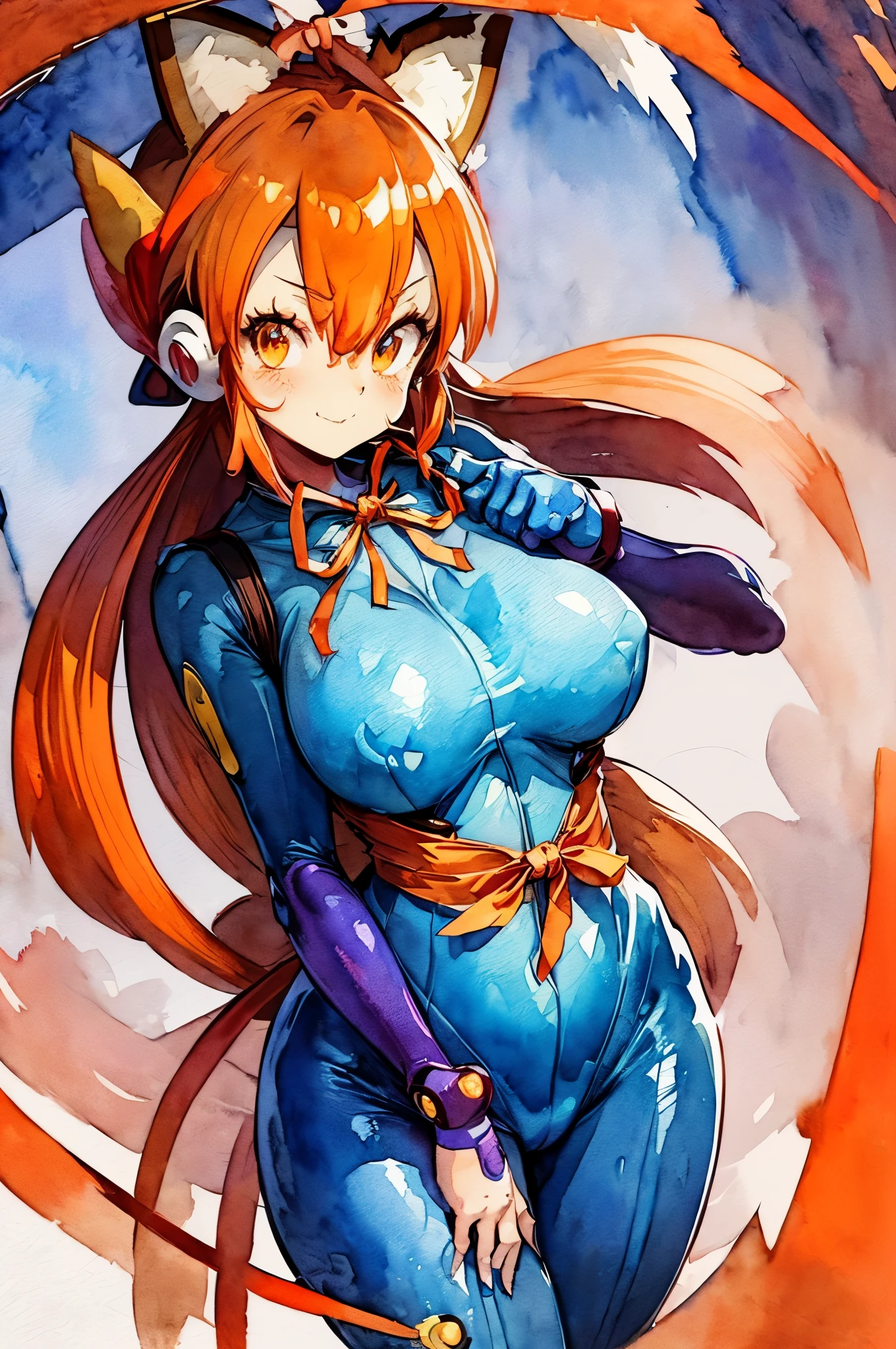 ((Masterpiece)), (Best Quality), ((Super Detail)), (((((watercolor speedpaint Illustration))))), ((Red Panda kemono)), ((((Megaman Battle Network)))), ((((Net-navi)))), (((battlesuit))), ((space suit)), (((Round red panda ears))), (((Red Panda striped Tail))), ((plump hips)), Bright Orange hair, (((((long ribbons as hair))))), Pale skin, (Yellow pupils), (Digital eyes), plump breasts, (glossy skin), adult, (Mommy), (narrow waist), cute, enchanting, beautiful face, mischievous expression, slightly blushing, ((((Orange and Blue opaque tight suit)))), ((Artificial intelligence companion)), dynamic pose, looking at viewer, ((digital internet background)), ((Sea of data)), streams of blue data, Internet, (high resolution), (sharp focus), (volumetric lighting), (textile shading), vibrant colors
