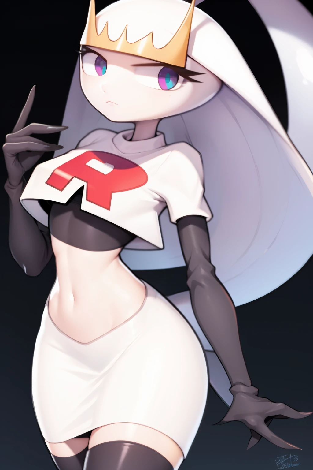 pheromosa, furry female, anthro, segmented body, long hair, solo, (best quality),dramatic lighting,  looking at viewer, 2 fingersteam rocket,team rocket uniform,white skirt,crop top,black thigh-highs,black elbow gloves
