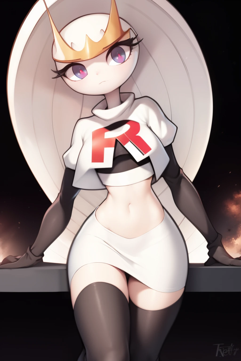 pheromosa, furry female, anthro, segmented body, long hair, solo, (best quality),dramatic lighting,  looking at viewer, 2 fingersteam rocket,team rocket uniform,white skirt,crop top,black thigh-highs,black elbow gloves