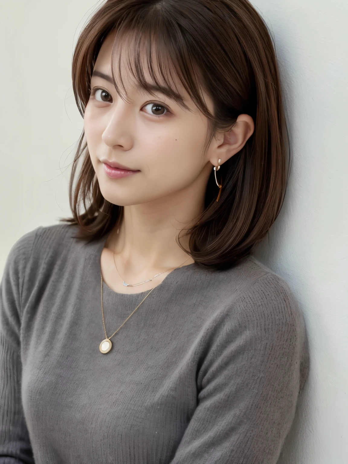 (Highly realistic photos, High resolution, detailed face, fine eyes), ((Taken in front of a white wall))、japanese woman, 40 years old, Variety of facial expressions, alone:1, slim figure, different hairstyles, casual clothes, Alone in a photo、long sleeve dress、Shot in natural light、simple necklace、Spring clothes、Don't look at the camera、profile、Dark brown hair color