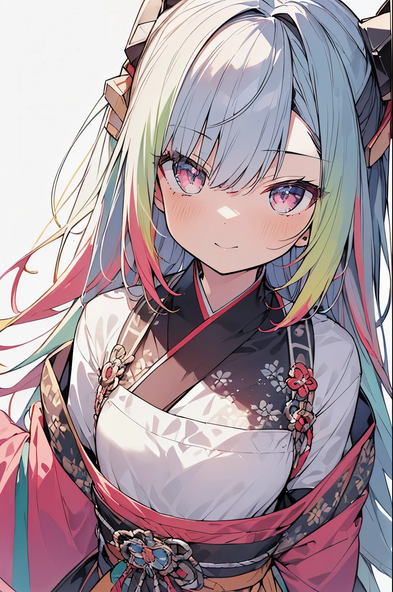 (Best Quality,8K,16k,high,masutepiece:1.4), (Ultra-detailed, ultra-detail, complexly detailed, finely detail, Hyper Detail REIT), Digital Enhancement, ultra-detailed digital anime art, ray tracing, Ultra-detailed, Perfect Pixel, pastel color, Beautiful anime girl, (upper body shot:1.4), (white background:1.4), Teenage girl, 1girl in, Single, Solo, small head, ultra-detailed face, Detailed eyes, flat chest, (messy hair), (light yellow hair), (multicolored dip-dye hair:1.4), (multicolored eyes:1.4), Japanese dress, haori, cute,
