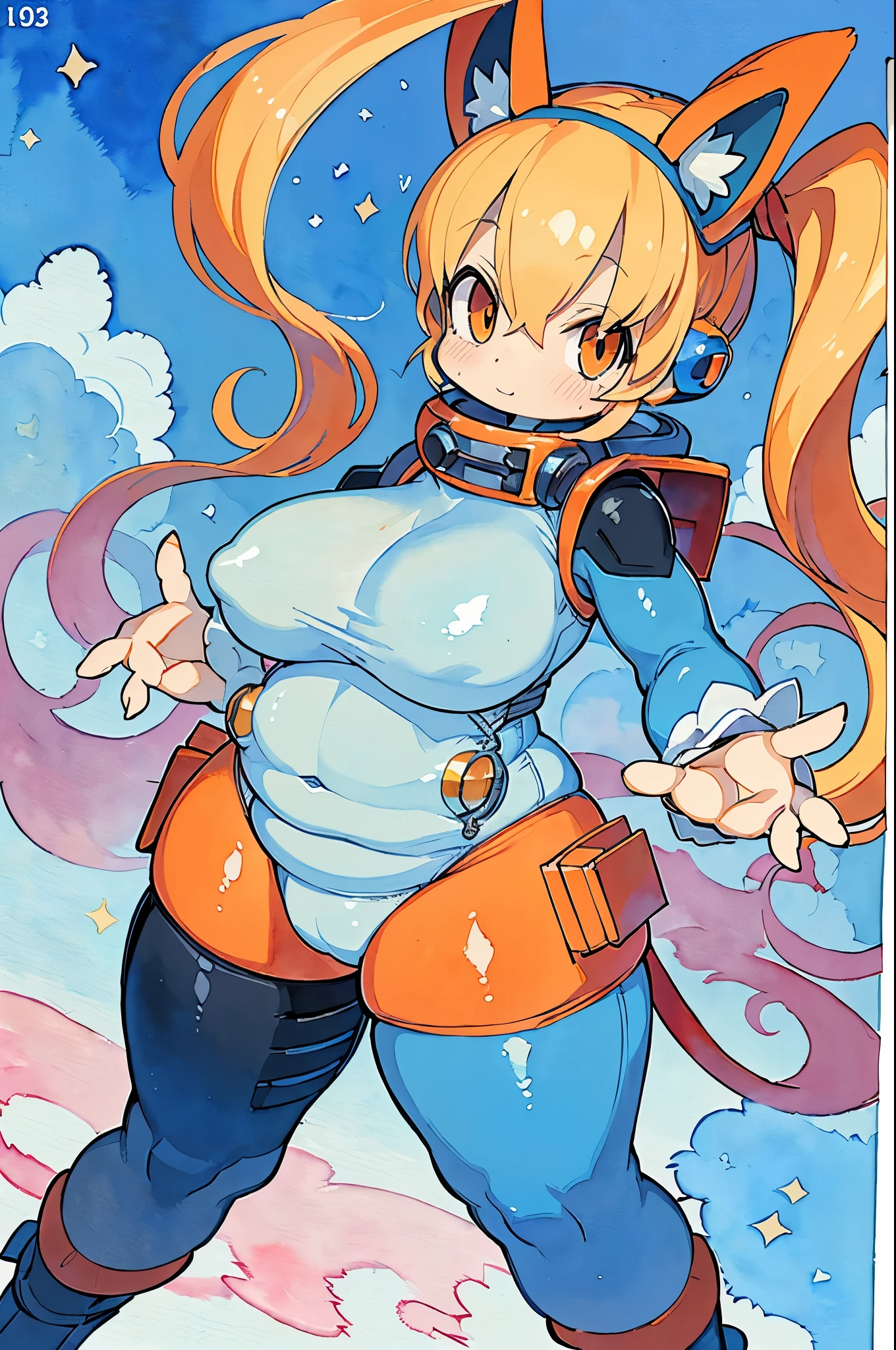 ((Masterpiece)), (Best Quality), ((Super Detail)), ((((((watercolor speedpaint Illustration)))))), ((Red Panda kemono)), ((((Megaman Battle Network)))), ((((Net-navi)))), (((battlesuit))), ((space suit)), (((Round red panda ears))), (((Red Panda striped Tail))), ((plump hips)), Bright Orange hair, (((((long ribbons as hair))))), Pale skin, (Yellow pupils), (Digital eyes), plump breasts, (glossy skin), adult, (Mommy), (narrow waist), cute, enchanting, beautiful face, mischievous expression, slightly blushing, ((((Orange and Blue opaque tight suit)))), ((Artificial intelligence companion)), dynamic pose, looking at viewer, ((digital internet background)), ((Sea of data)), streams of blue data, Internet, (high resolution), (sharp focus), (volumetric lighting), (textile shading), vibrant colors