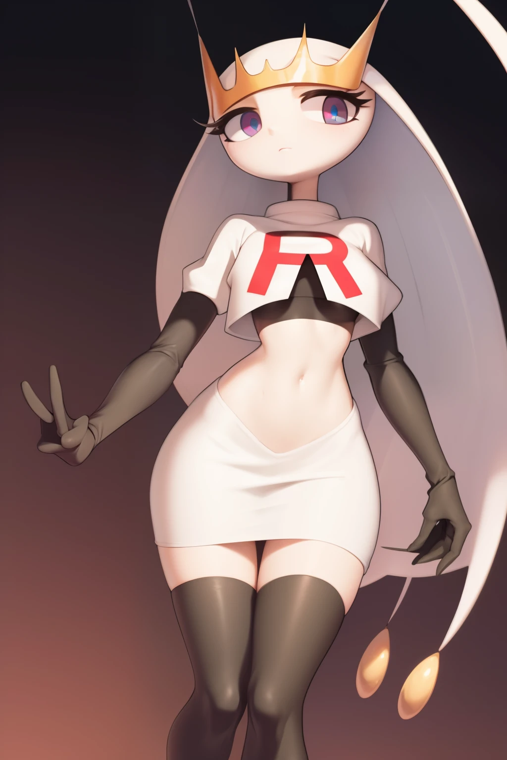 pheromosa, furry female, anthro, segmented body, long hair, solo, (best quality),dramatic lighting, looking at viewer, 2 fingersteam rocket,team rocket uniform,white skirt,crop top,black thigh-highs,black elbow gloves