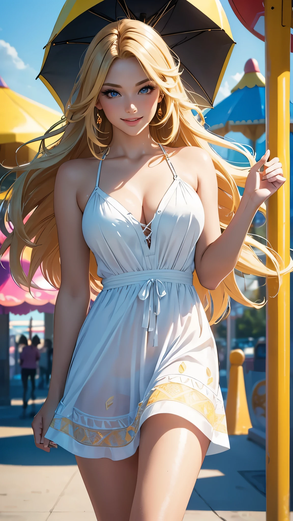 (best quality,ultra-detailed,photo-realistic:1.37),bright and vibrant colors,studio lighting,playful expression,stylish makeup,long blonde hair flowing in the wind,alluring eyes,glossy lips,sexy pose,colorful sundress, Amusement Park, smiling in a confident and seductive way,posing for a professional photoshoot,shallow depth of field,highlighting the main subject,soft natural lighting,creating a dreamy and magical atmosphere.