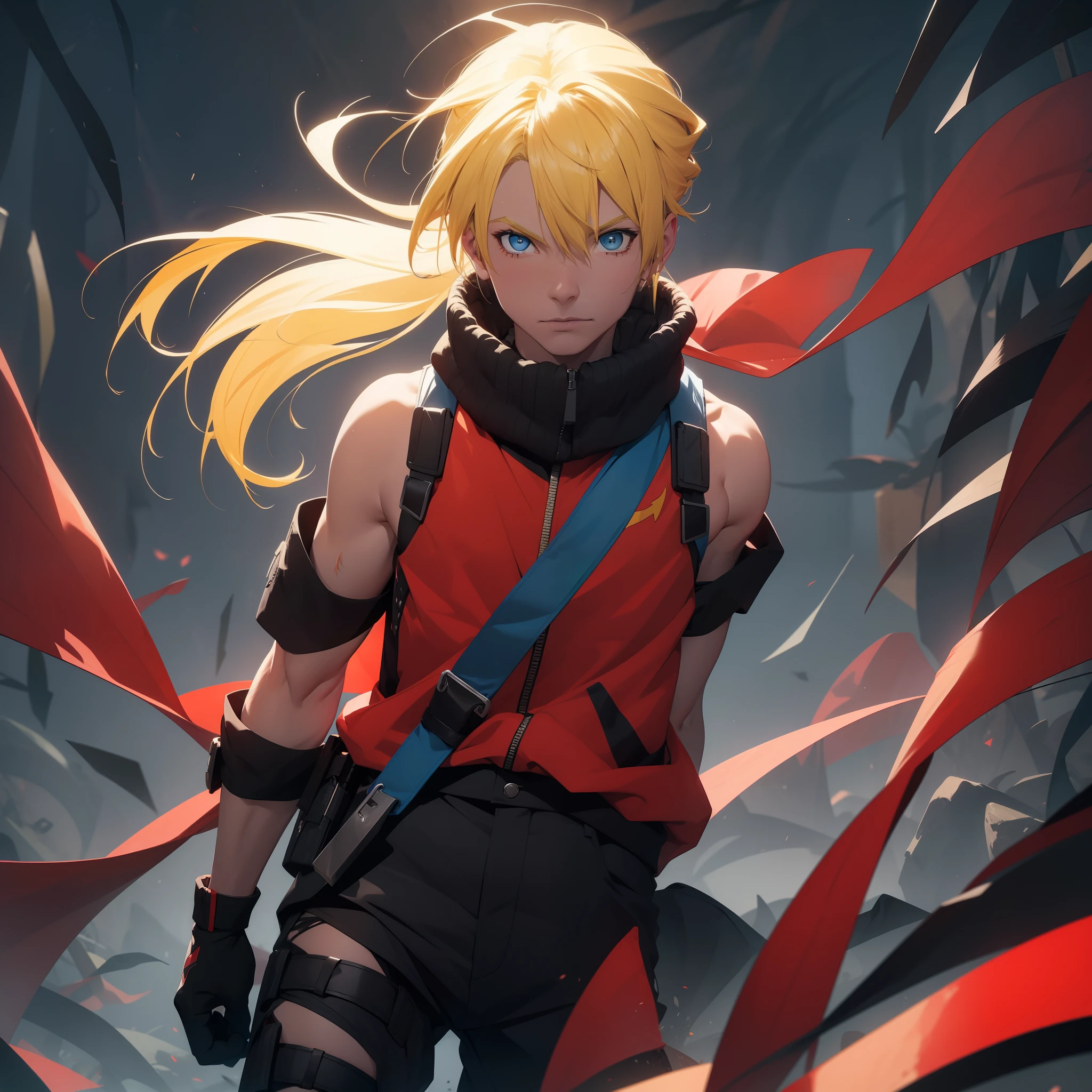 (26 years old), (male), Yellow hair, (Blue eyes), ( long ponytail hair), red scarf, red Camo vest, sleeveless, black pants, black gloves, slim, up to legs