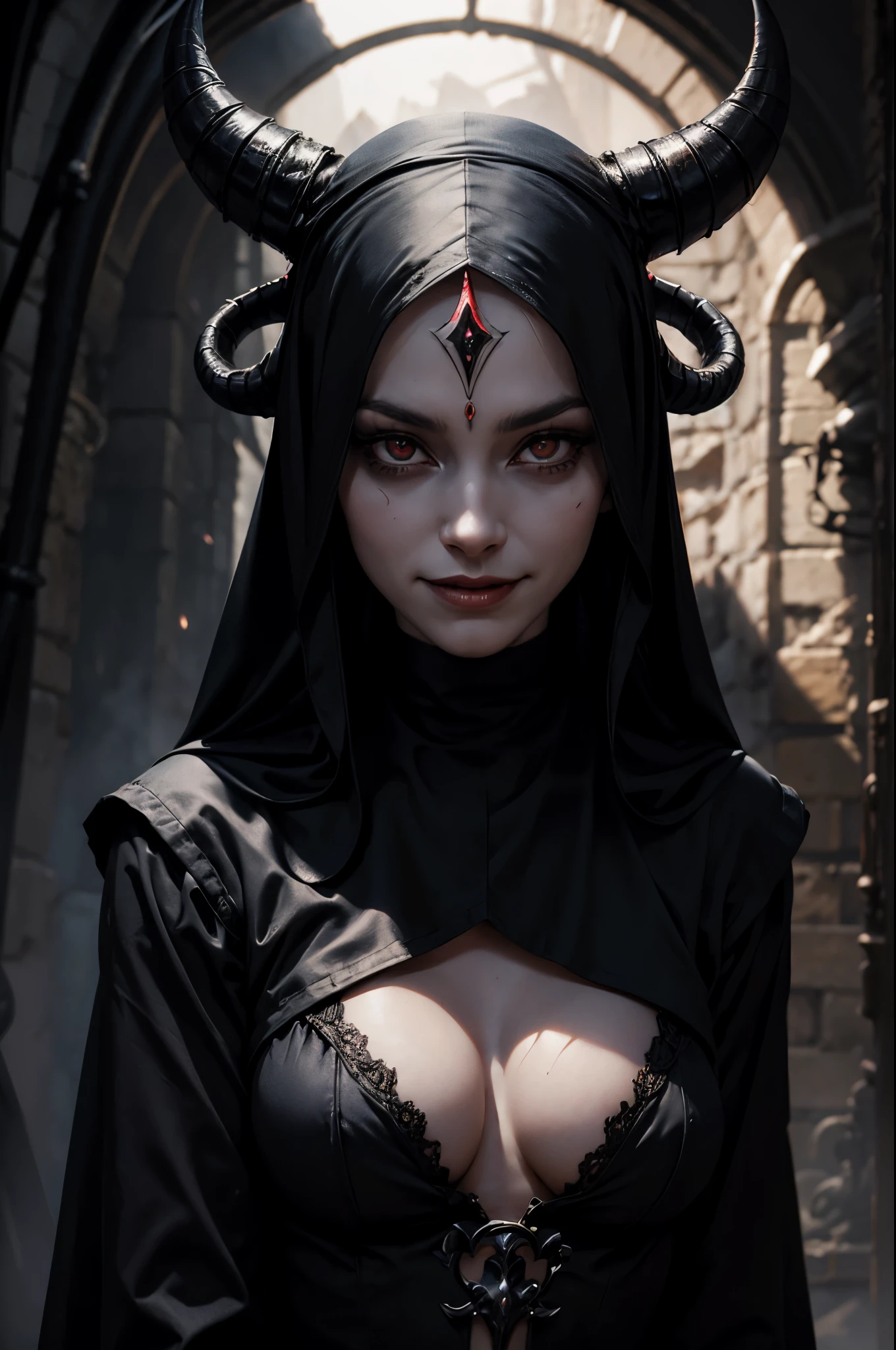 Creates a realistic image of a demon woman, with horns on her head and an evil smile, black demonic eyes, human but terrifying body, dressed as a nun, full shot, no background behind the character, high realistic details