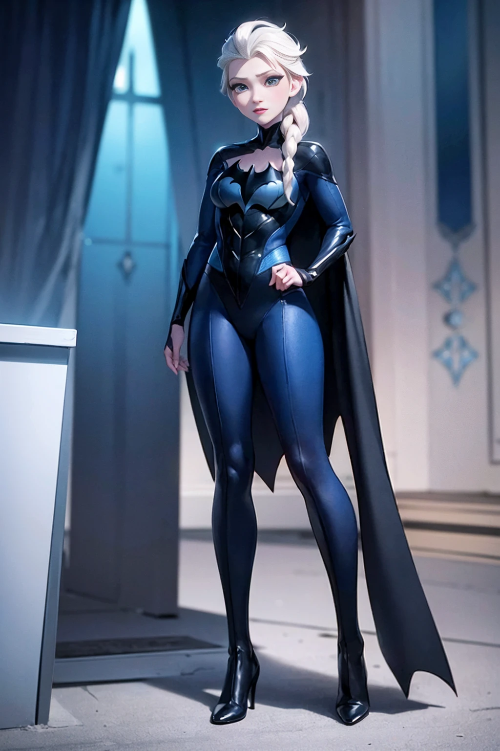 (((full body photo))) (masterpiece:1.4), (best qualit:1.4), (high resolution:1.4), elsa of arendelle, long hair, batwoman, batgirl, batman suit, dark city background, blue and black suit, blue bat symbols, full black batman costume, winter, blue and black, blue bat symbol, blue and black, batman suit