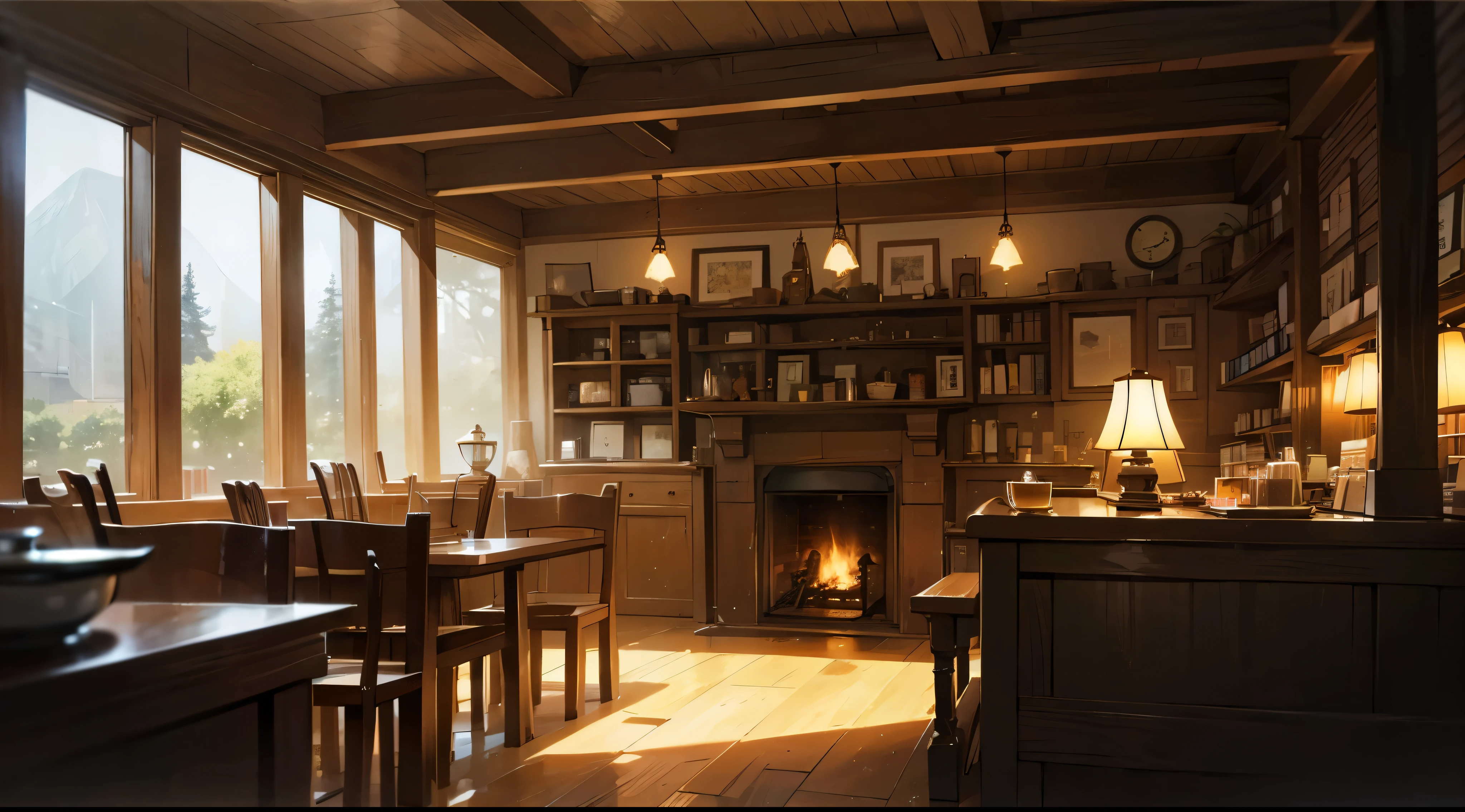 winter,fireplace,combustion,large shop,Cafe,Rear view of the clerk,Cafe,warm lighting,Wet day,bare wood,bookshelf,テーブルと椅子とstageのある部屋があります, 居心地の良いCafeの背景,coffee shop, pleasant cozy atmosphere, cozy atmosphere, a multidimensional cozy tavern, Cozy and peaceful atmosphere, Cozy home background, relaxing concept art, concept art, Wet day,古びたbookshelf,stage,fireplaceが暖かい