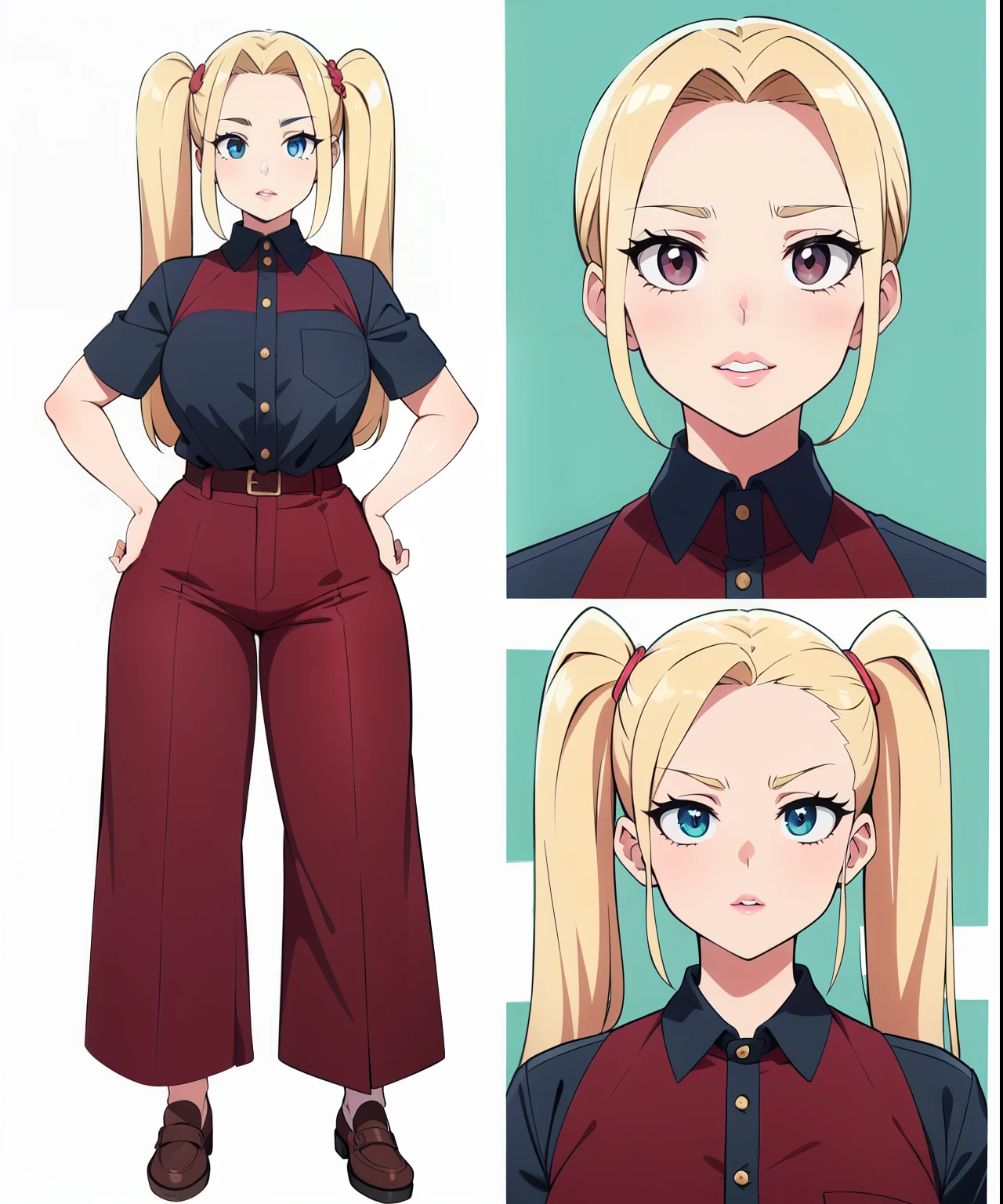 bochecas rosadas, , brown pants, camisa branca azulada, garota, cabelo loiro, twintails longos, quadris largos, coxas grossas, seios estourando, 8k, detalhada, perfect face, perfect eye, blonde, perfect mouth, perfect lips, full body