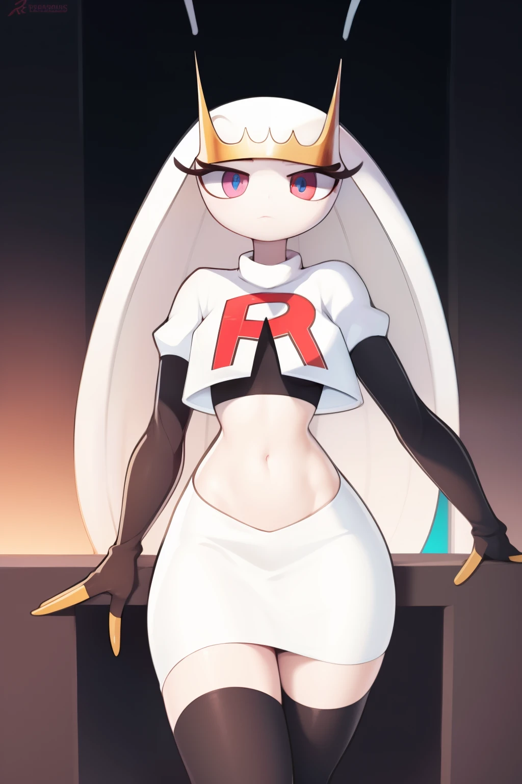 pheromosa, furry female, anthro, segmented body, long hair, solo, (best quality),dramatic lighting,  looking at viewer, 2 fingersteam rocket,team rocket uniform,white skirt,crop top,black thigh-highs,black elbow gloves