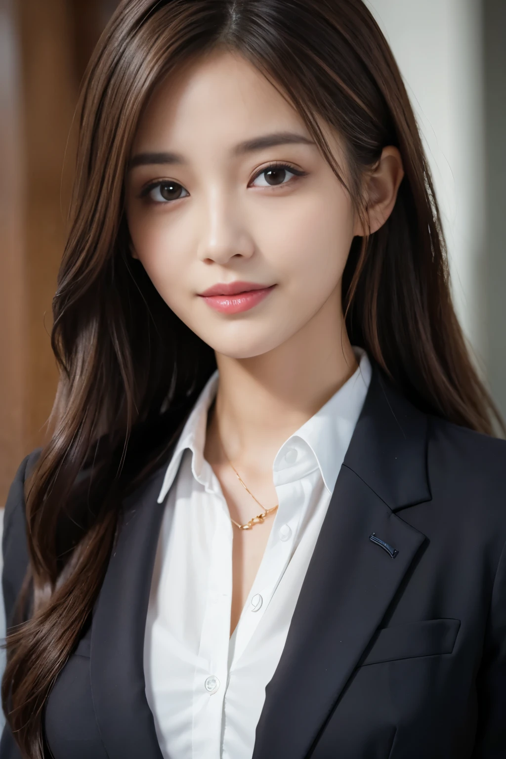 table top、highest quality、genuine、Super detailed、finely、High resolution、8k wallpaper、one beautiful woman、、、light brown disheveled hair、wearing a business suit、sharp focus、perfect dynamic composition、beautiful and detailed eyes、thin hair、詳細なgenuineな肌の質感、smile、close-up portrait、model body shape