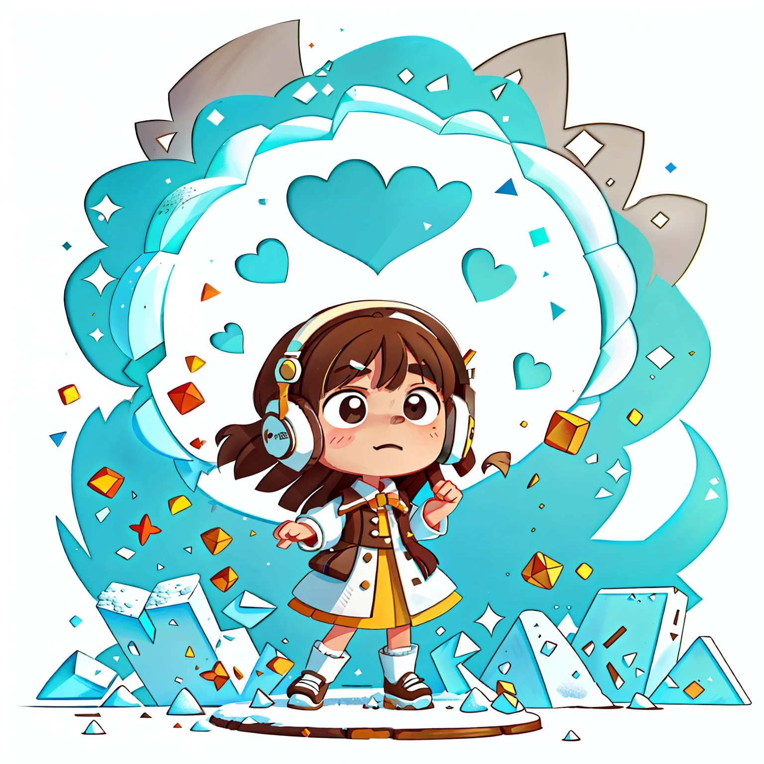 Girl with long brown hair,Put on a white wedding dress suit,Listen to music with headphones,enjoy music,shatter ice and snow(attack),(clenched fist,shatter ice and snow),Full of fighting spirit,(There is love)happy,Surrounded by love,Surrounded by love,O sign,vector,line art,design,inspiration,straight line,RHAD