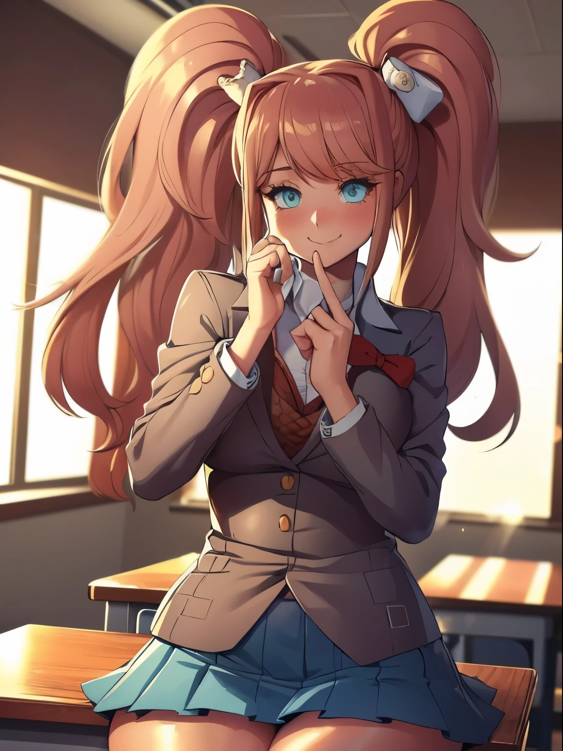 (((kipteitei art))), Masterpiece, high quality, best quality, beautiful, HD, perfect lighting, detailed face, detailed body, ultra cute face, ((1girl)), ((solo)), Monika, green eyes, very long hair, ponytail, white bow, school uniform, blazer, brown sweater, collared shirt, neck ribbon, blue skirt, school classroom, looking at viewer, cowboy shot, seductive smile, blush, affectionate, in love with viewer, 4th wall break, cute pose, medium , perky breasts hips), ((thick thighs)), thicc, sitting on desk