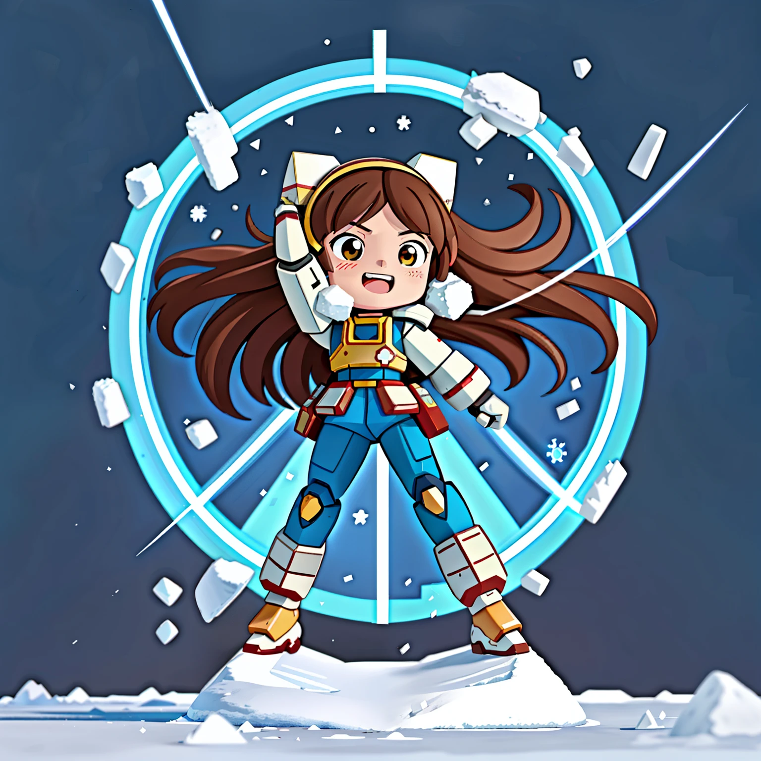 Girl with long brown hair，Put on the Gundam armor suit，shatter ice and snow（attack），（clenched fist，shatter ice and snow），Full of fighting spirit，（There is love）happy，Surrounded by love，Surrounded by love，O sign，vector，line art，design，inspiration，straight line，RHAD