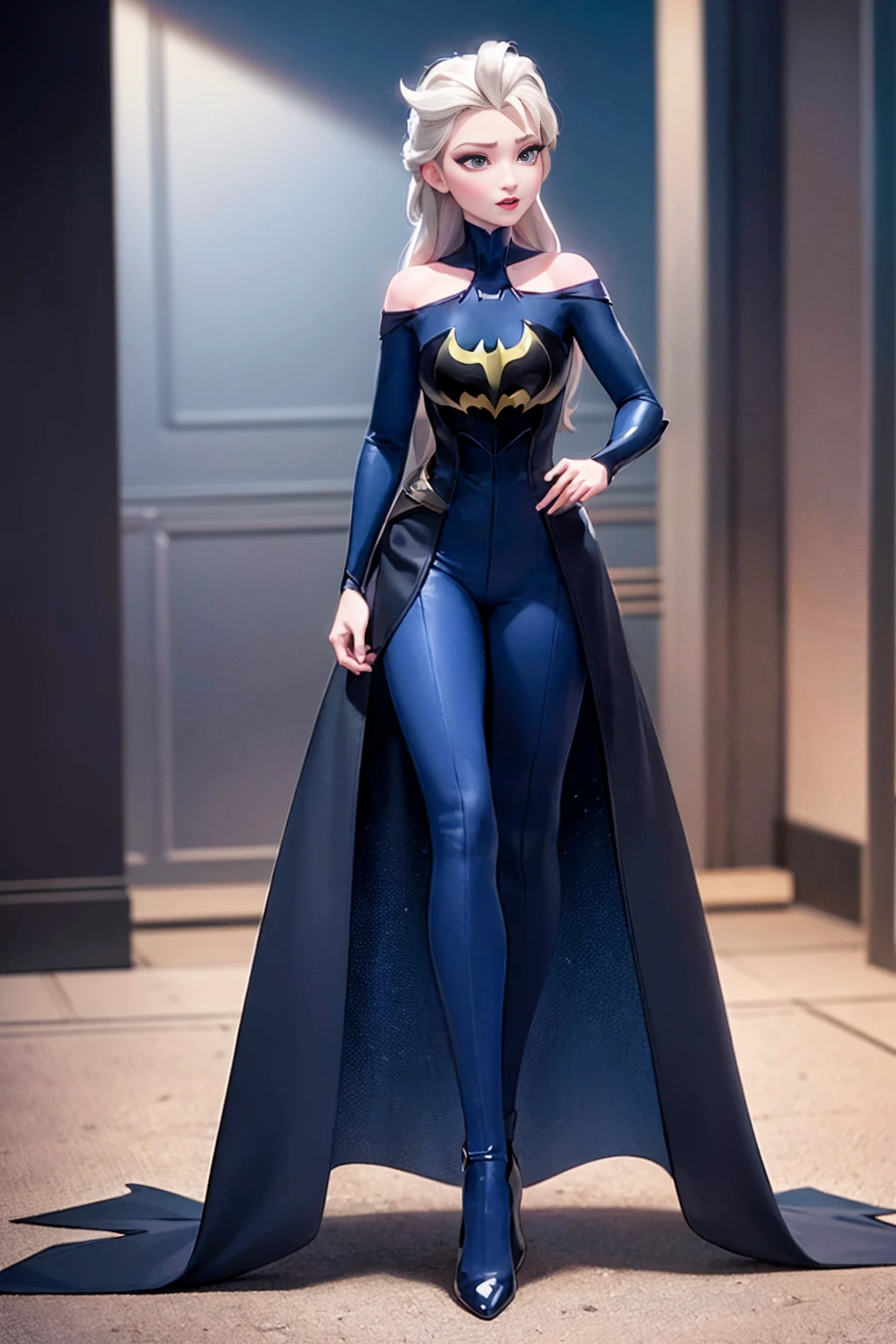 (((full body photo))) (masterpiece:1.4), (best qualit:1.4), (high resolution:1.4), elsa of arendelle, long hair, batwoman, batgirl, batman suit, dark city background, blue and black suit, blue bat symbols, full black batman costume, winter, blue and black, blue bat symbol, blue and black, batman suit