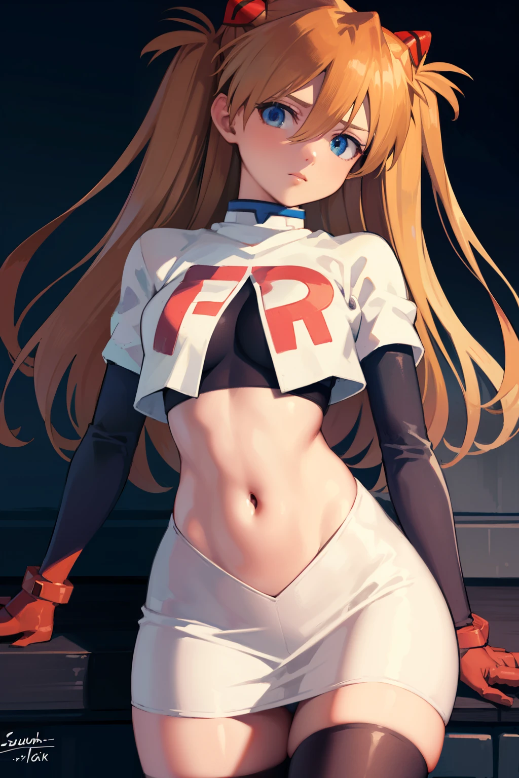 asukalangley, asuka langley soryu, (souryuu asuka langley:1.5), blue eyes, hair between eyes, headgear, interface headset, orange hair, two side up,
BREAK team rocket,team rocket uniform,white skirt,crop top,black thigh-highs,black elbow gloves
BREAK looking at viewer, (cowboy shot:1.5),
BREAK (masterpiece:1.2), best quality, high resolution, unity 8k wallpaper, (illustration:0.8), (beautiful detailed eyes:1.6), extremely detailed face, perfect lighting, extremely detailed CG, (perfect hands, perfect anatomy),