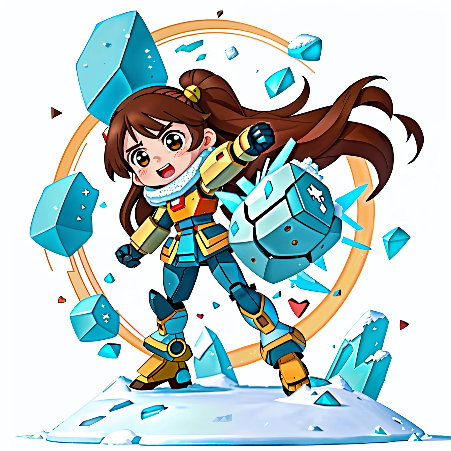 Girl with long brown hair，Put on the Gundam armor suit，shatter ice and snow（attack），（clenched fist，shatter ice and snow），Full of fighting spirit，（There is love）happy，Surrounded by love，Surrounded by love，O sign，vector，line art，design，inspiration，straight line，RHAD