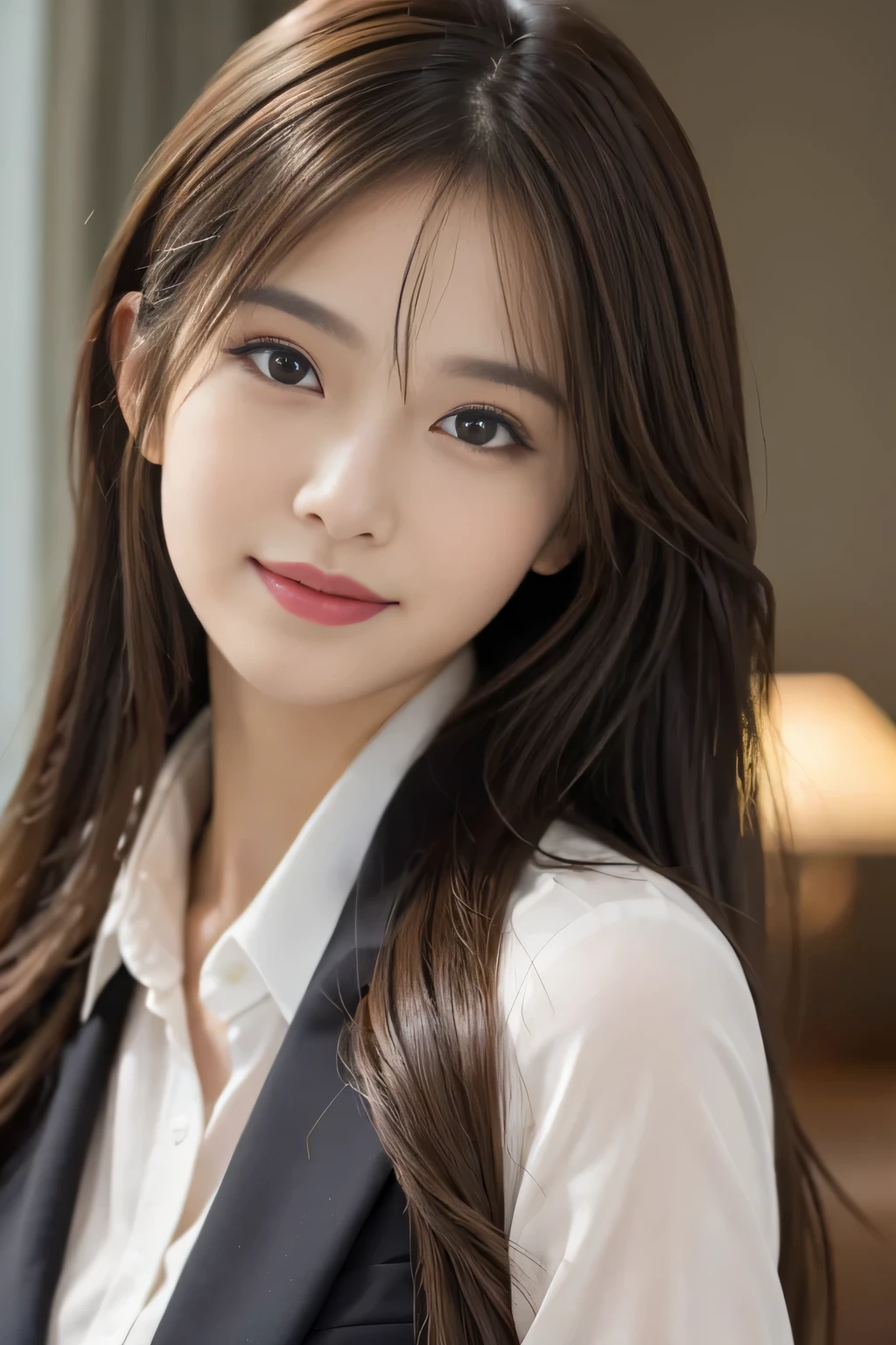 table top、highest quality、genuine、Super detailed、finely、High resolution、8k wallpaper、one beautiful woman、、、light brown disheveled hair、wearing a business suit、sharp focus、perfect dynamic composition、beautiful and detailed eyes、thin hair、詳細なgenuineな肌の質感、smile、close-up portrait、model body shape