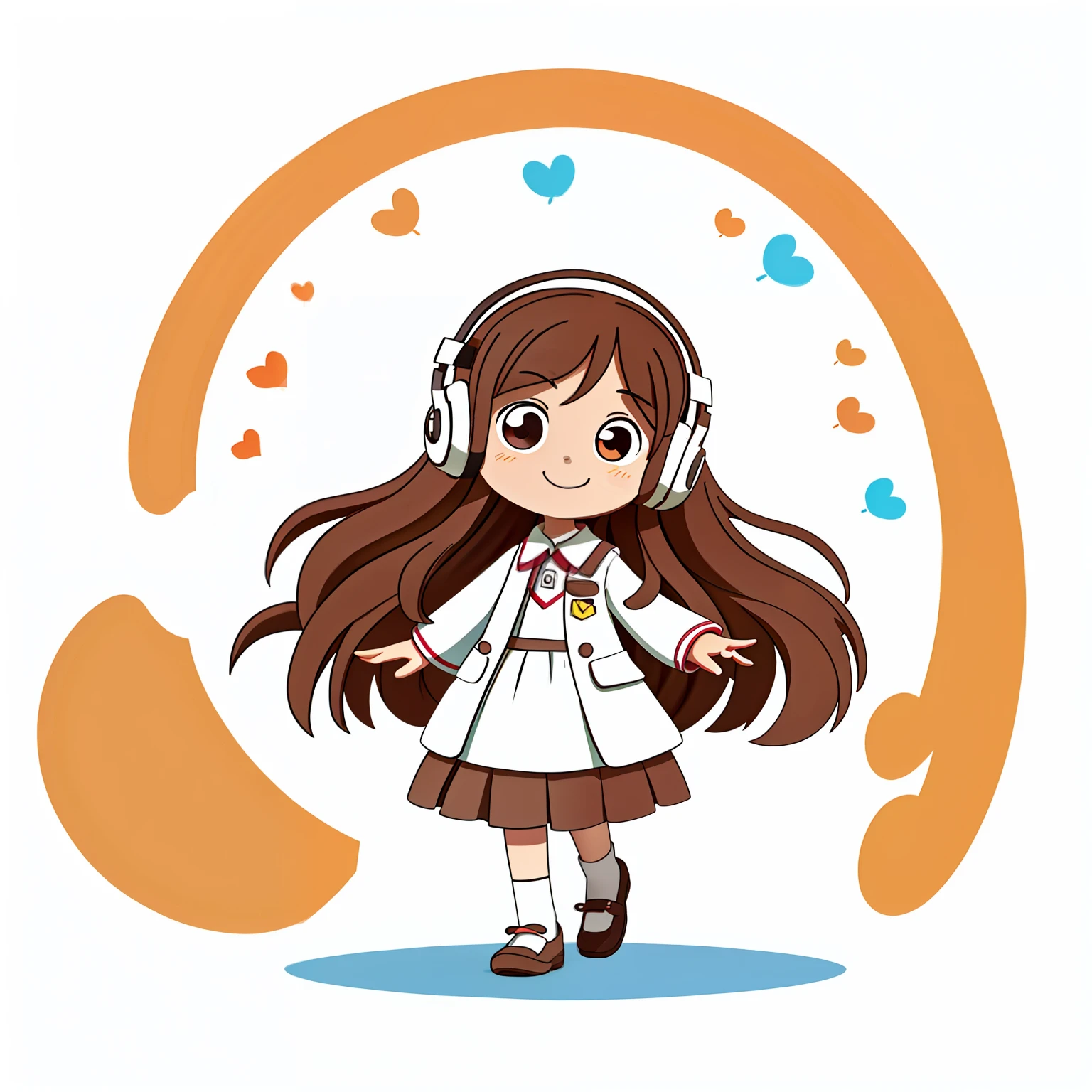 Girl with long brown hair，Wearing a white wedding suit，（listen to music），（聆listen to music），enjoy music，walk into a door，open a door，Open the door and go in（There is love）happy，Surrounded by love，Surrounded by love，O sign，vector，line art，design，inspiration，straight line，RHAD