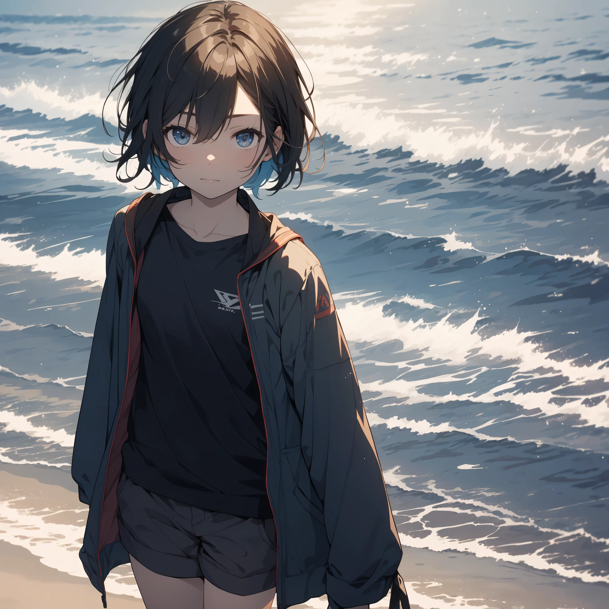 Super high quality by the art god, super detailed, High resolution, Kyoto animation style, anime moe art style, best anime 8K konachan wallpaper, pixiv contest winner, perfect anatomy, break,(Please draw a picture of a girl in a swimsuit walking on the beach alone. ),break, 1 girl, (alone,little woman, ta, , 13 y),All limbs, full finger,, The charm of an immature body, (very short hair), flat chest, Because I&#39;m slender, small ass, between legs, small eyes, beautiful and fine eyes, Well-proportioned iris and pupils, expressive eyes, High resolutionの詳細な髪, Wet, shiny skin, cowboy shot, swimsuit, (detailed lighting), (detailed background),On the private beach, break,super dense skin, Best lighting by famous artists, 8K, figure,UHD, rough skin