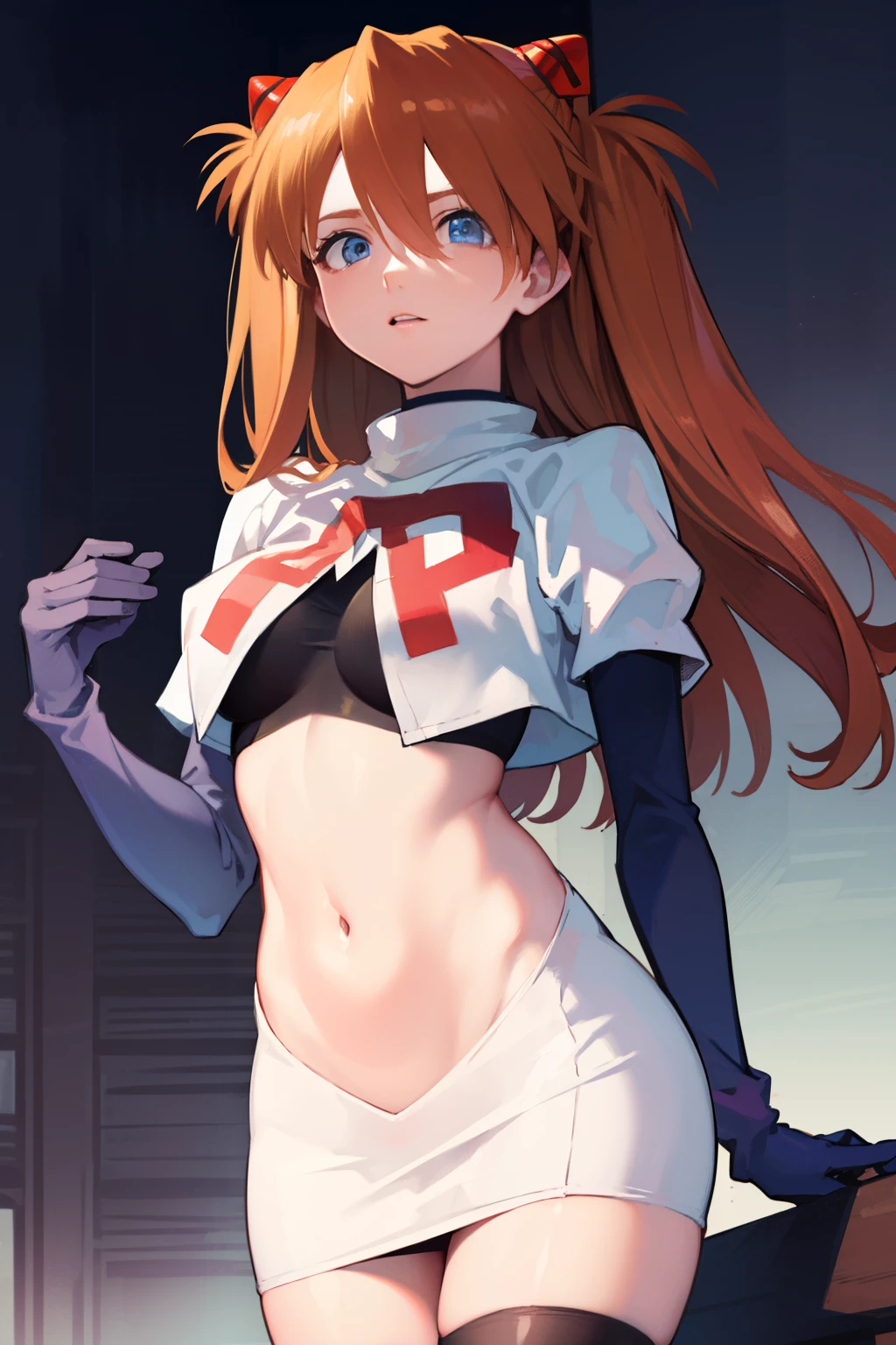 asukalangley, asuka langley soryu, (souryuu asuka langley:1.5), blue eyes, hair between eyes, headgear, interface headset, orange hair, two side up,
BREAK team rocket,team rocket uniform,white skirt,crop top,black thigh-highs,black elbow gloves
BREAK looking at viewer, (cowboy shot:1.5),
BREAK (masterpiece:1.2), best quality, high resolution, unity 8k wallpaper, (illustration:0.8), (beautiful detailed eyes:1.6), extremely detailed face, perfect lighting, extremely detailed CG, (perfect hands, perfect ???????),