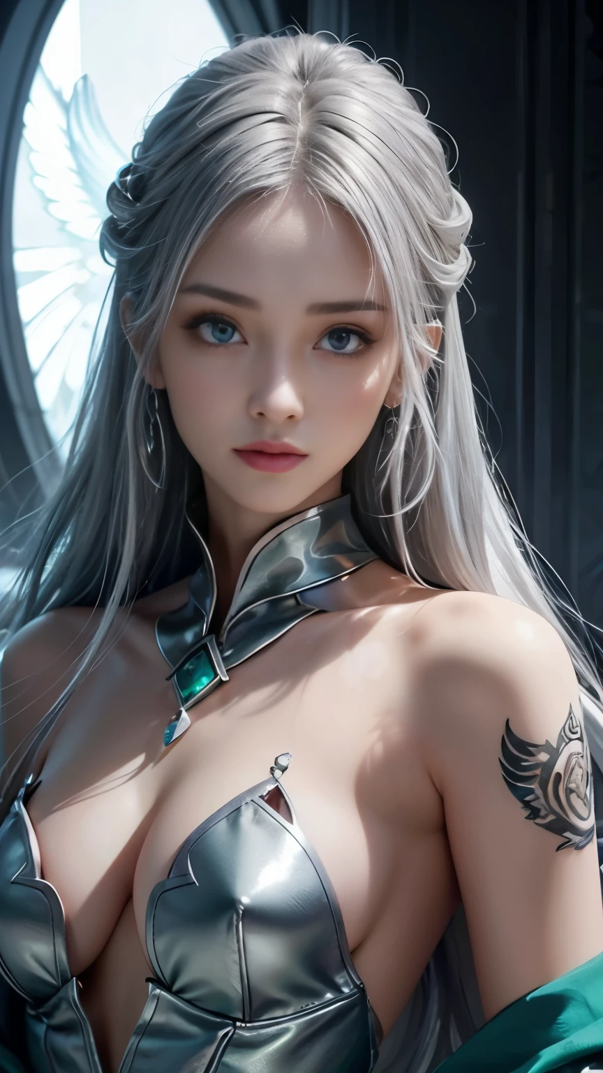 silver hair、emerald eyes、warrior、High Warlock、Tattoos on women、high cheekbones、strong expression、Angelic quality