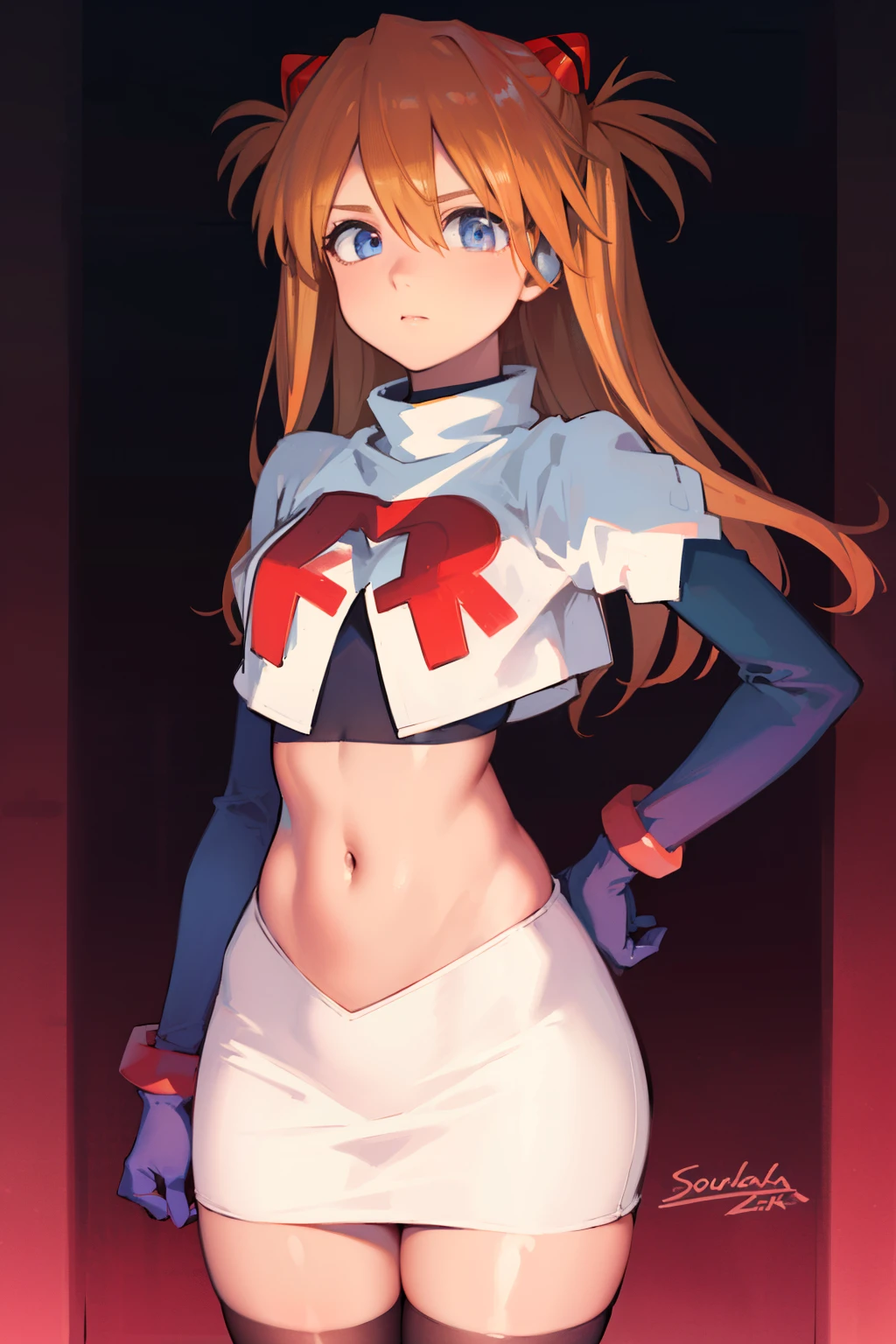 asukalangley, asuka langley soryu, (souryuu asuka langley:1.5), blue eyes, hair between eyes, headgear, interface headset, orange hair, two side up,
BREAK team rocket,team rocket uniform,white skirt,crop top,black thigh-highs,black elbow gloves
BREAK looking at viewer, (cowboy shot:1.5),
BREAK (masterpiece:1.2), best quality, high resolution, unity 8k wallpaper, (illustration:0.8), (beautiful detailed eyes:1.6), extremely detailed face, perfect lighting, extremely detailed CG, (perfect hands, perfect anatomy),