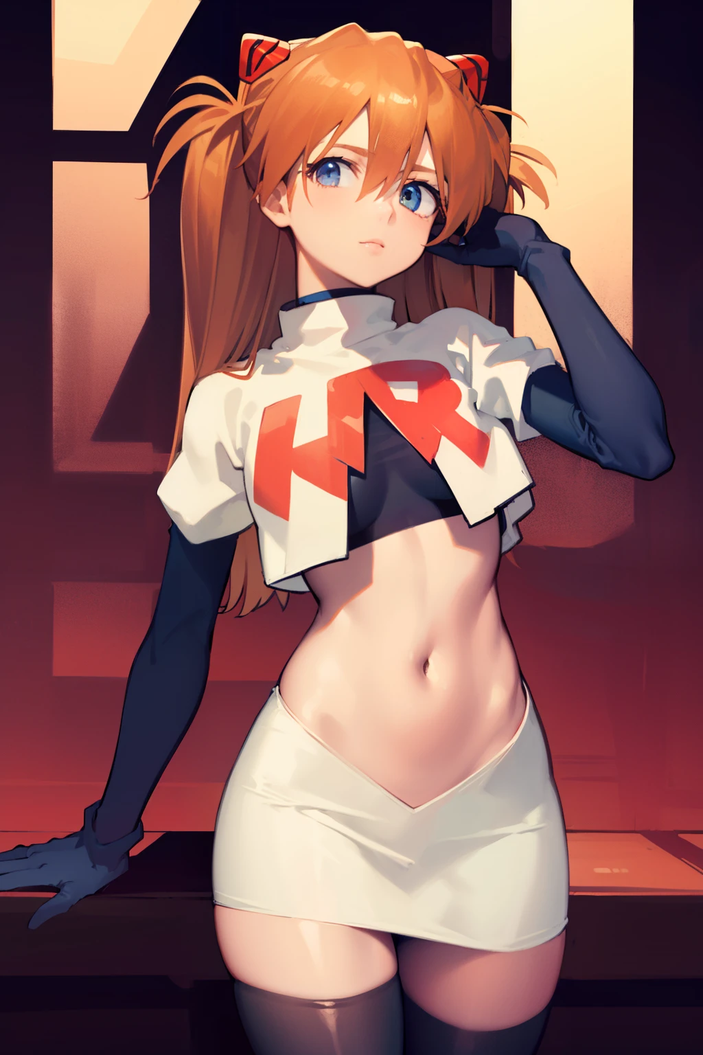 asukalangley, asuka langley soryu, (souryuu asuka langley:1.5), blue eyes, hair between eyes, headgear, interface headset, orange hair, two side up,
BREAK team rocket,team rocket uniform,white skirt,crop top,black thigh-highs,black elbow gloves
BREAK looking at viewer, (cowboy shot:1.5),
BREAK (masterpiece:1.2), best quality, high resolution, unity 8k wallpaper, (illustration:0.8), (beautiful detailed eyes:1.6), extremely detailed face, perfect lighting, extremely detailed CG, (perfect hands, perfect anatomy),