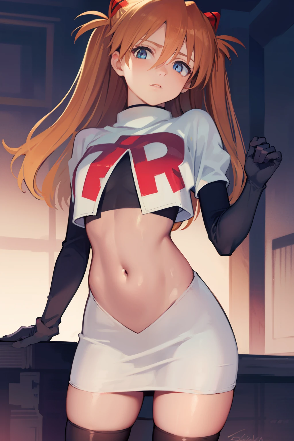 asukalangley, asuka langley soryu, (souryuu asuka langley:1.5), blue eyes, hair between eyes, headgear, interface headset, orange hair, two side up,
BREAK team rocket,team rocket uniform,white skirt,crop top,black thigh-highs,black elbow gloves
BREAK looking at viewer, (cowboy shot:1.5),
BREAK (masterpiece:1.2), best quality, high resolution, unity 8k wallpaper, (illustration:0.8), (beautiful detailed eyes:1.6), extremely detailed face, perfect lighting, extremely detailed CG, (perfect hands, perfect anatomy),