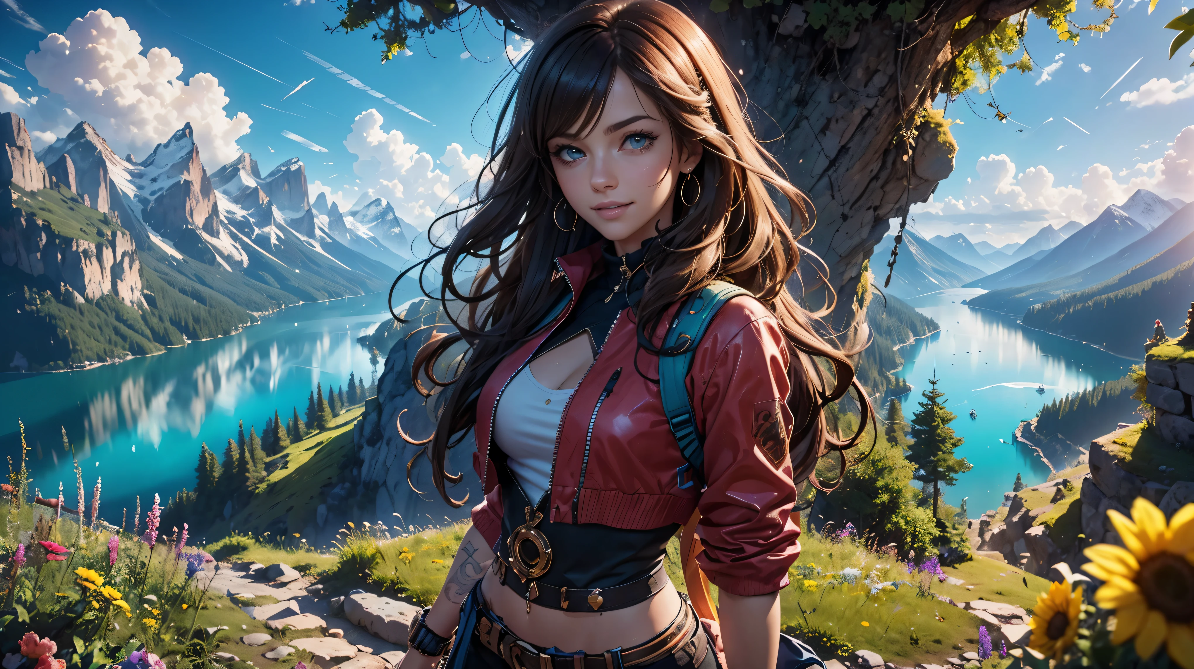 Gisele Bündchen:0.5, Avril Lavigne:0.9, ((Wallpaper that combines anime and cartoons in a single art)), ((16K resolution), (super detalhe), (alta qualidade), (obra de arte: 1.2)). Uma mulher encantadora correndo em uma trilha desafiadora, a European-inspired face, determination during the race, suavidade nos olhos grandes, olhos detalhados e reflexivos, sorriso exuberante, intense focus expression, the wind is messing up your hair and clothes, Rosto incrivelmente detalhado, vibrant random hair, a look of admiring scenery, Olhos coloridos, pele delicada e texturizada, sorriso encantador, sorrindo enquanto olha para um lago sereno, luscious lips with subtle shine, vestindo uma roupa charmosa e elegante, destacando cores quentes em roupas e roupas esportivas, carregando uma mochila, Exalando energia. No fundo detalhado do dia ensolarado, morning colors, panoramic sky with spectacular clouds, perspectiva de um horizonte distante, trilha nas encostas de uma montanha majestosa, paisagem deslumbrante, picos imponentes, Vales profundos, peaceful isolation atmosphere, vista deslumbrante de rios sinuosos, lush vegetation, lago sereno entre as montanhas, picos majestosos distantes, Alpine vegetation, notable geological formations, natural lighting, Interesting contrasts between light areas and shadows, beleza e a serenidade da natureza, peaceful setting on mountain slopes, pequenos animais selvagens, flowers swaying in the breeze. Detailed and crisp studio Ghibli style background, CG ultra-detalhado, arte profissional, vibrant appearance, foto crua, Very detailed illustration, fundo complexo, HDR: 1.5, detalhes intrincados: 1.1, cores naturais, splendid lighting effects, Dramatic light, cinematographic lighting, Dynamic three-dimensional lighting, linhas de tinta em negrito, sombreamento celular, cores suaves silenciadas. Wallpaper with a majestic view, dramatic photo: 1.4, cinematographic, epic and surrealist anime, arte digital detalhada, alta qualidade art style, premiado. alta qualidade, tons vibrantes e suaves de anime.