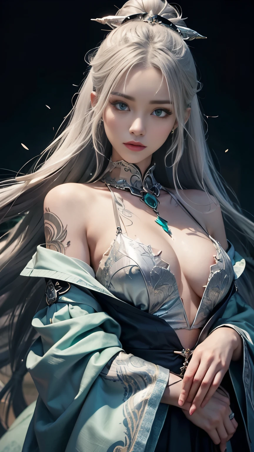 silver hair、emerald eyes、warrior、High Warlock、Tattoos on women、high cheekbones、strong expression、Angelic quality