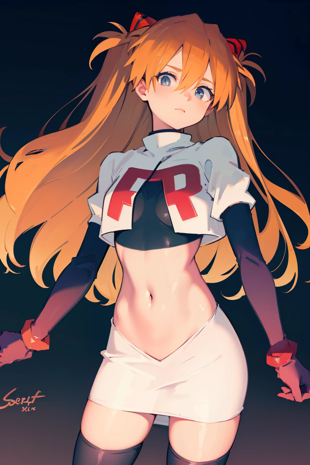 asukalangley, asuka langley soryu, (souryuu asuka langley:1.5), blue eyes, hair between eyes, headgear, interface headset, orange hair, two side up,
BREAK team rocket,team rocket uniform,white skirt,crop top,black thigh-highs,black elbow gloves
BREAK looking at viewer, (cowboy shot:1.5),
BREAK (masterpiece:1.2), best quality, high resolution, unity 8k wallpaper, (illustration:0.8), (beautiful detailed eyes:1.6), extremely detailed face, perfect lighting, extremely detailed CG, (perfect hands, perfect anatomy),