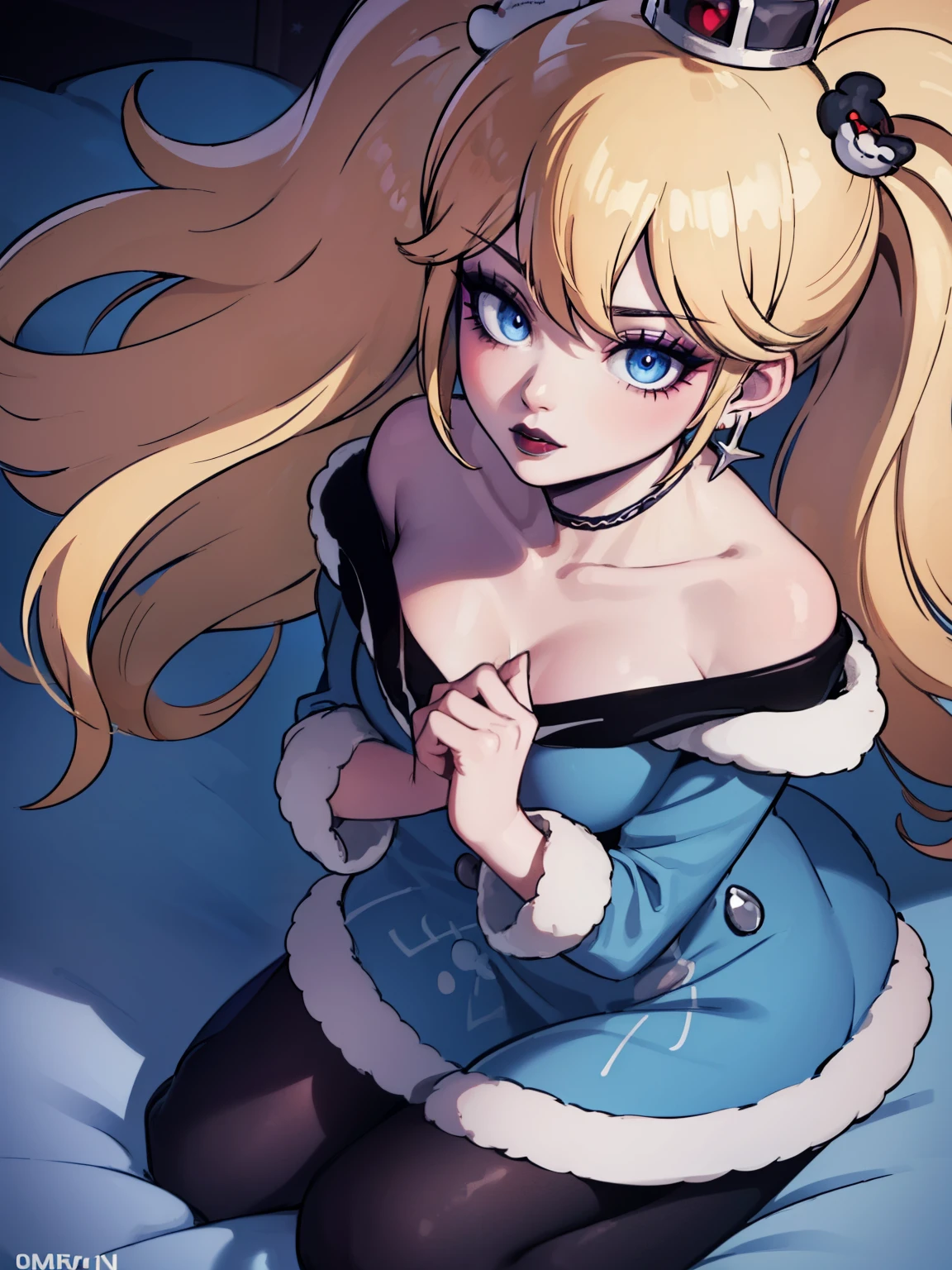 ((high detailed, best quality, 4k, masterpiece, hd:1.3)), ((best quality)), ((HD)), ((8k)), (ultraHD), log cabin, bonfire, Christmas Tree, X-Mas tree, Rosalina with christmas gifts, BREAK blue eyes, seductive, attractive, smooth anime cg art, 36C breasts, long legs, vivid colors, detailed digital art, slim body, perfect skin, blonde hair, BREAK crown, cleavage, looking at viewer, BREAK looking at viewer, extremely detailed face, blue_santa_dress, blue_santa_claus_dress, santa claus dress, winter dress, earrings, gem, dark black makeup lips, dark gothic eyeshadows, dark eyeshadows, black eyeshadows, black sexy lips, black lips, (dark:1.2), dark lips, very dark lips, (perfect hands, perfect anatomy), black makeup, black lips, detailed fingers, five fingers per hand, 5 fingers, (1 girl), (solo:1.3), detailed lips, detailed black lips, black painted lips, gothic painted lips, (breast focus), (from above:1.1), (breasts out:1.3), (off shoulder:1.1),