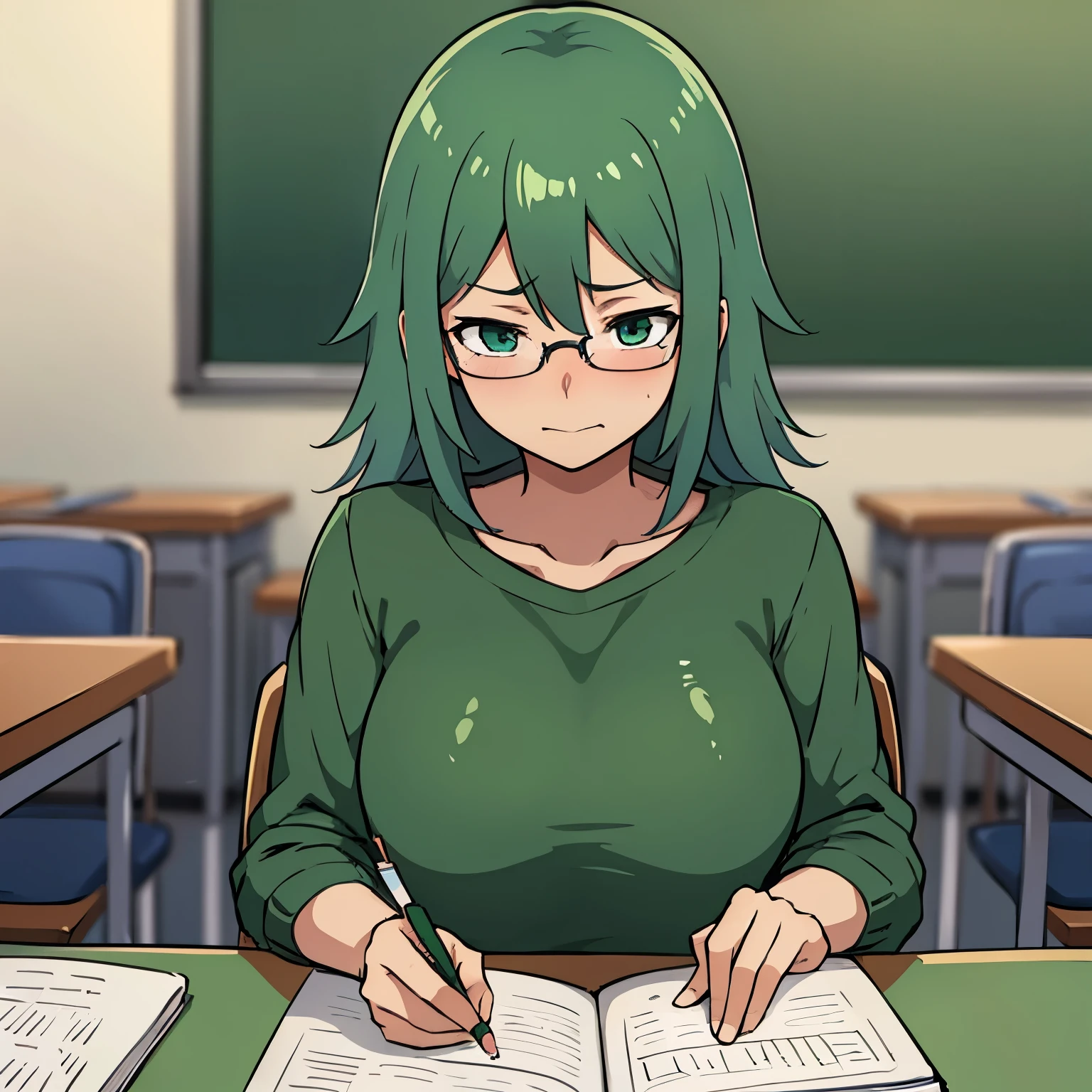 Anime illustration of an anime girl with green hair and green eyes, she wears glasses, she has a shy look and is very blushing, she is sitting in a chair in a classroom writing in a notebook 