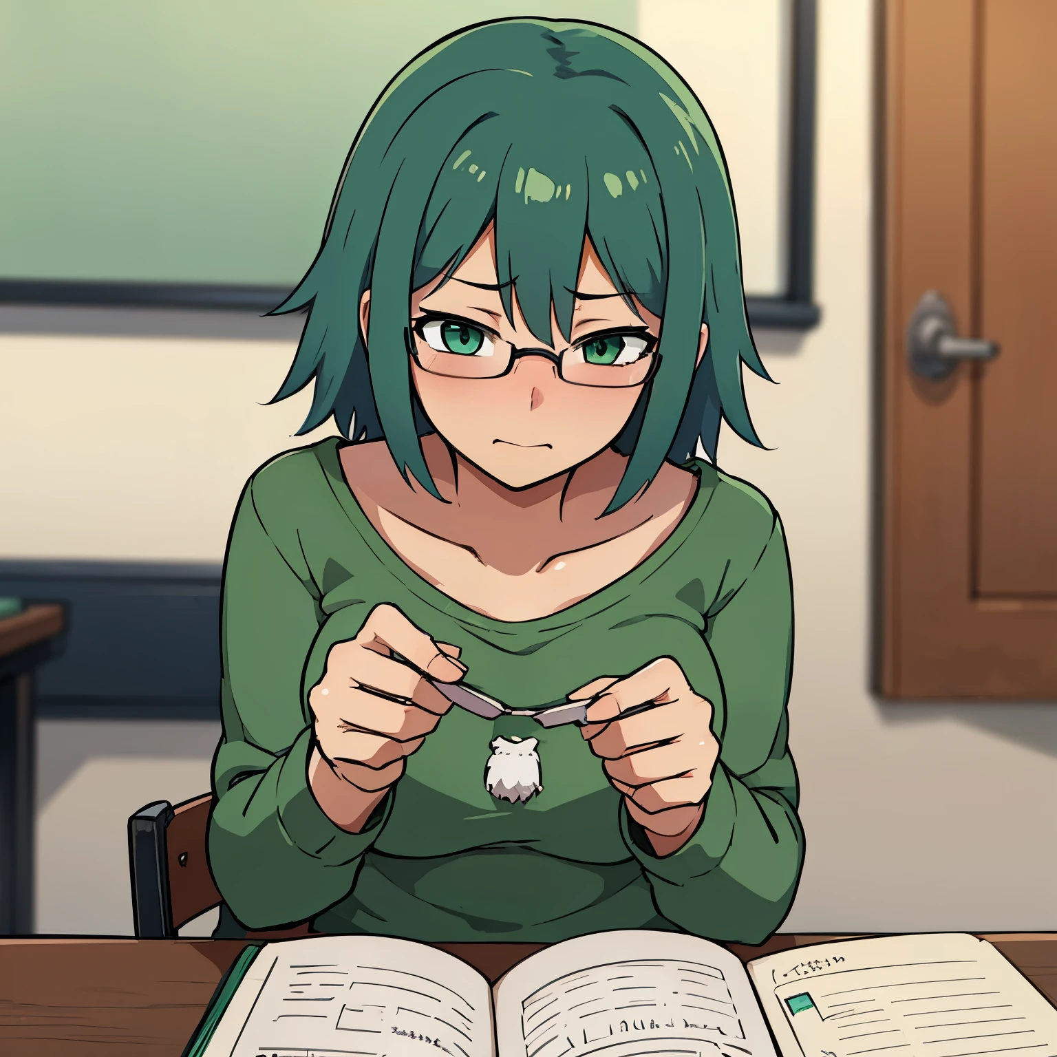 Anime illustration of an anime girl with green hair and green eyes, she wears glasses, she has a shy look and is very blushing, she is sitting in a chair in a classroom writing in a notebook 