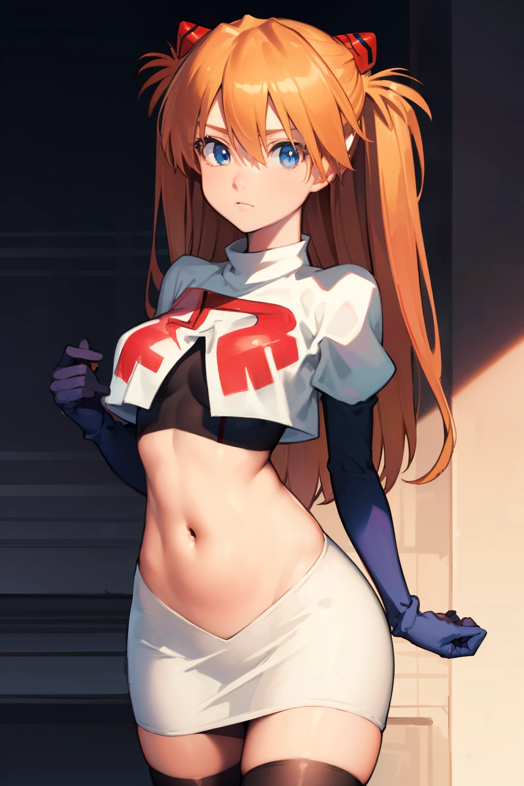 asukalangley, asuka langley soryu, (souryuu asuka langley:1.5), blue eyes, hair between eyes, headgear, interface headset, orange hair, two side up,
BREAK team rocket,team rocket uniform,white skirt,crop top,black thigh-highs,black elbow gloves
BREAK looking at viewer, (cowboy shot:1.5),
BREAK (masterpiece:1.2), best quality, high resolution, unity 8k wallpaper, (illustration:0.8), (beautiful detailed eyes:1.6), extremely detailed face, perfect lighting, extremely detailed CG, (perfect hands, perfect anatomy),