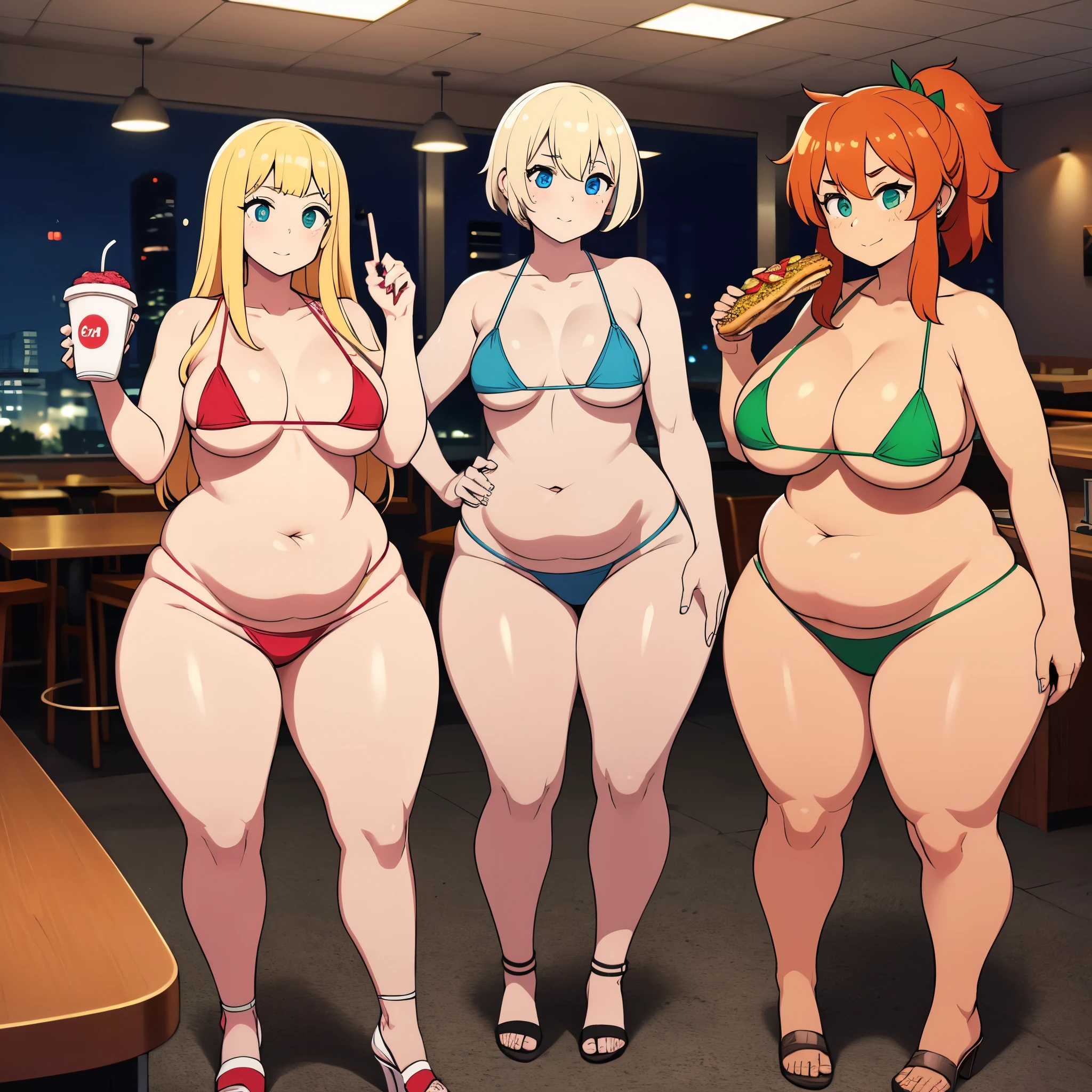 ((highres)), Masterpiece, high quality, best quality, beautiful, perfect lighting, detailed face, ultra cute face, ((2girls)), one girl has blonde hair, blue eyes, micro bikini, one girl has orange hair, green eyes, bikini full body, fast food restaurant, medium breasts, perky breasts, ((wide hips)), (thick thighs), (chubby), standing next to each other,
