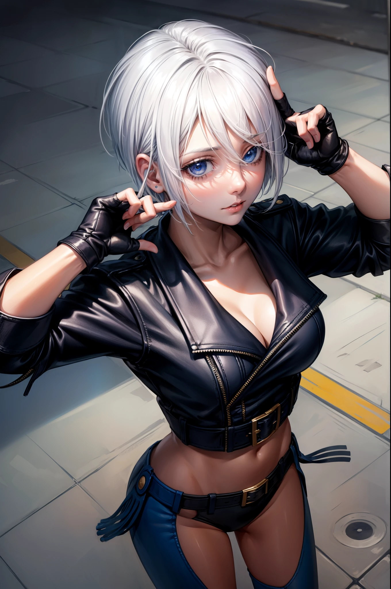 (masterpiece), best quality, expressive eyes, perfect face, highres, 1girl, solo, angelms, white hair, jacket, fingerless gloves, standing, portrait, looking at the viewer,