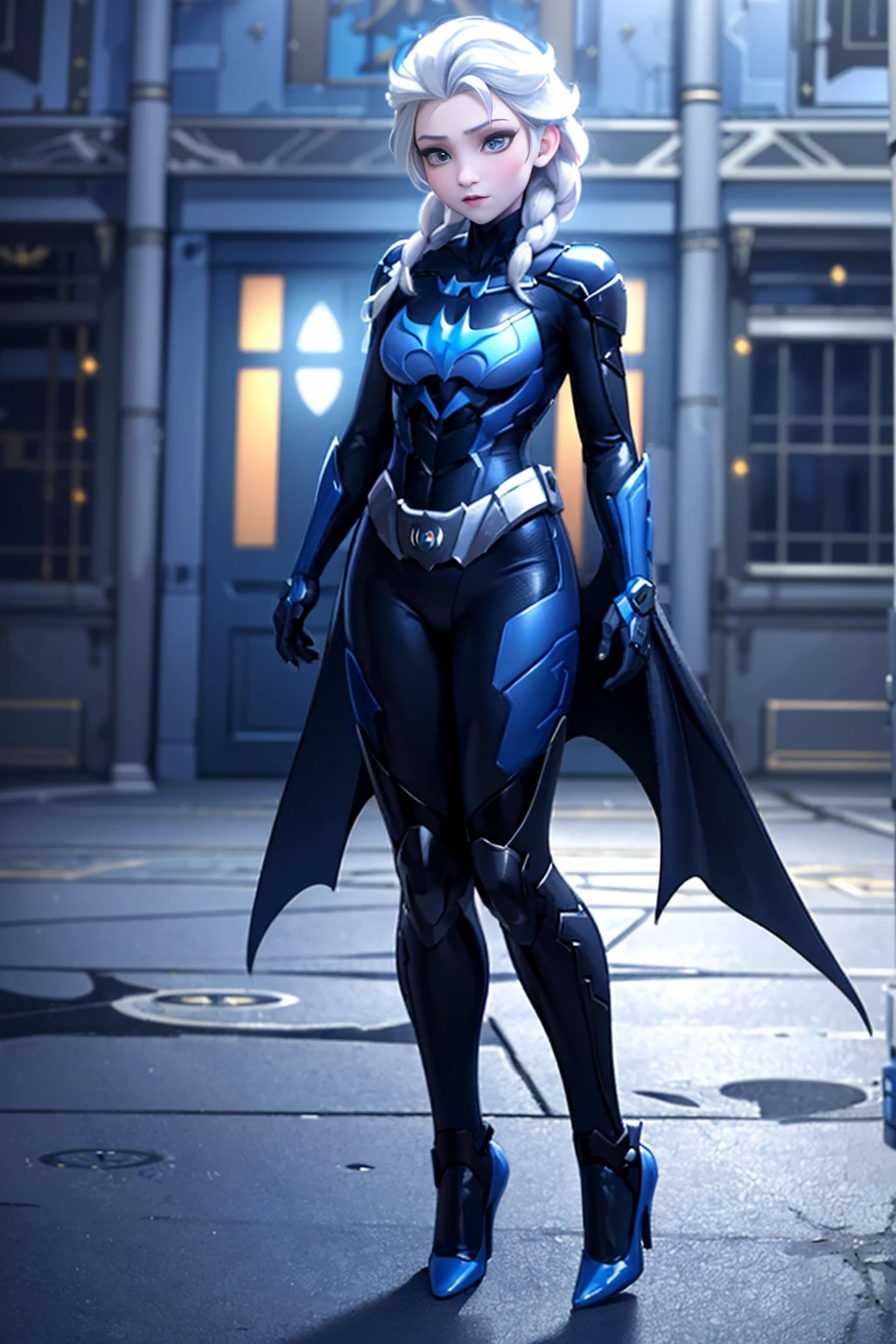 (((full body photo))) (masterpiece:1.4), (best qualit:1.4), (high resolution:1.4), elsa of arendelle, long hair, batwoman, batgirl, batman suit, dark city background, blue and black suit, blue bat symbols, full black batman costume, winter, blue and black, blue bat symbol, blue and black, batman suit